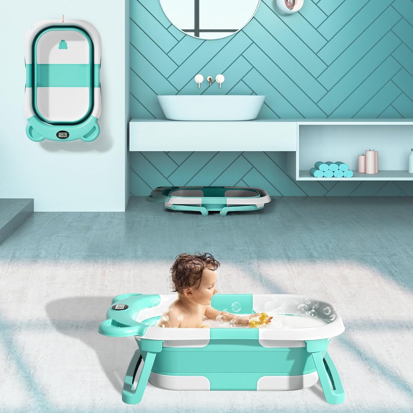 TPN Collapsible Baby Bathtub, Baby Bath Tub with Soft Cushion & Real-Time Thermometer, Baby Bathtub Infant to Toddler Tub (0-36 Months), Portable Newborn Travel Bath tub