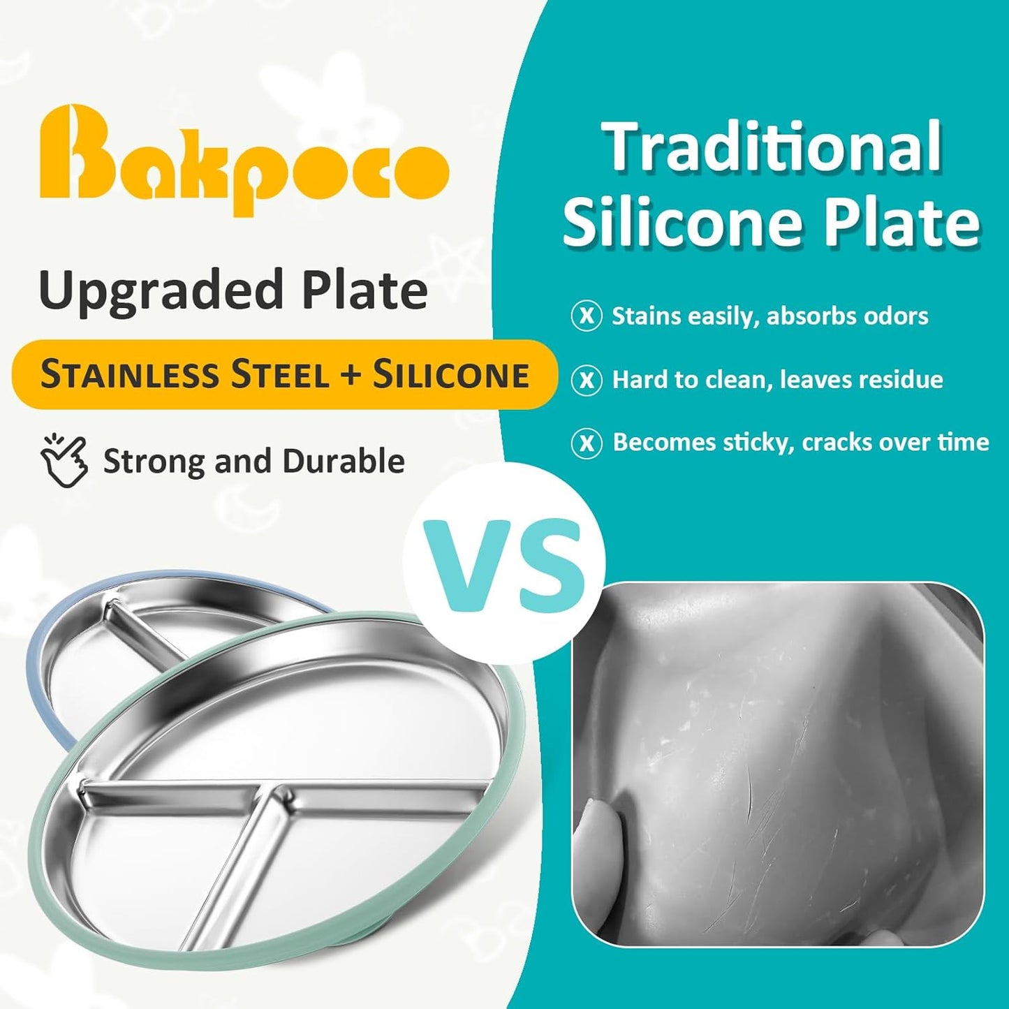 Stainless Steel Suction Plates for Toddlers, 9" Divided Kids Baby Plates with Removable Silicone Suction, Non Toxic Non Slip Portion Control Snack Dishes 3 Packs, Blue Gray Sage