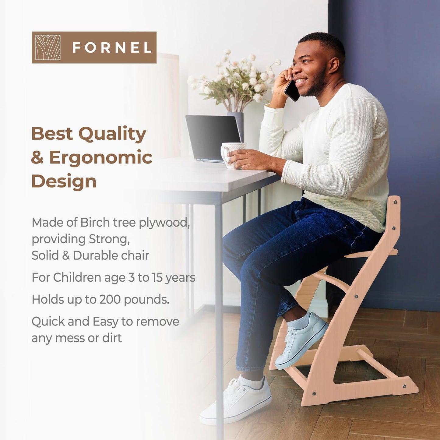 FORNEL Scandinavian Wooden High Chair | The Adjustable Grow-with-Me Chair, A Smart Alternative to Stokke | Perfect for Modern, Minimalist Kitchens (Natural & White)