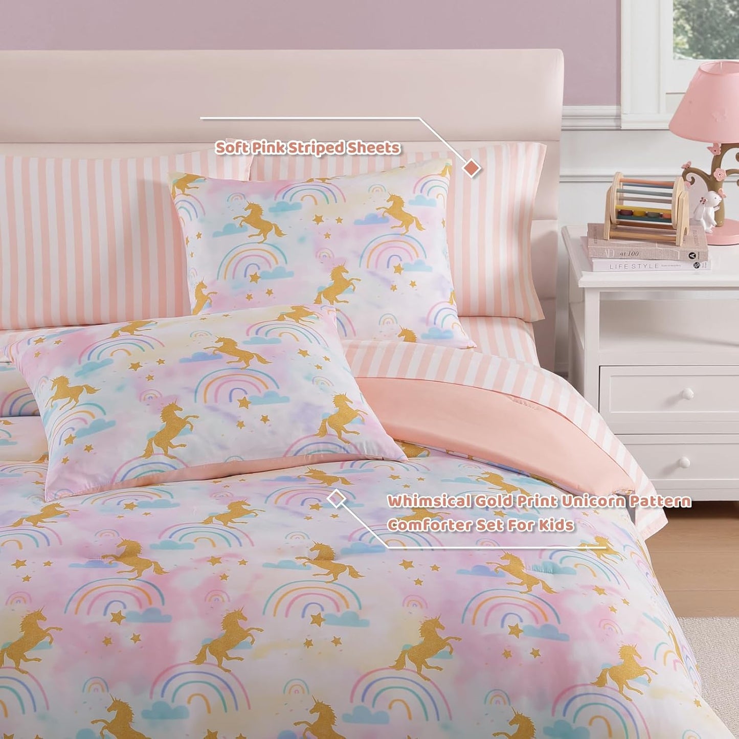 Queen Comforter Set with Sheets for Girls-7 Pieces Queen Bedding Sets with Pink Comforter, Sheets, Pillowcases & Shams for Kids (Gold Unicorn, 90" X 90")