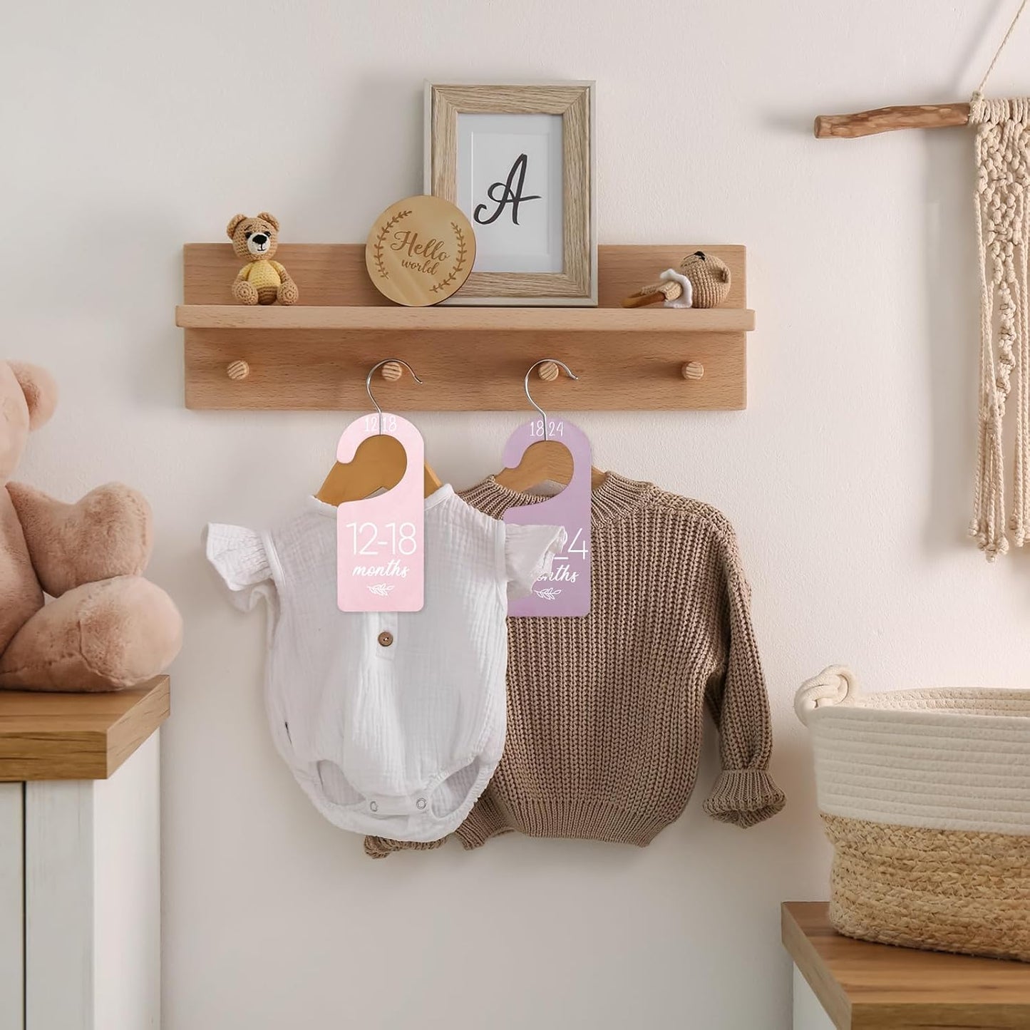 Whaline 8Pcs Baby Closet Dividers Boho Design Hanging Wooden Colorful Babys Closet Size Hanger Organizer Double-Sided Newborn to 24 Months Thicken Baby Wardrobe Organizer