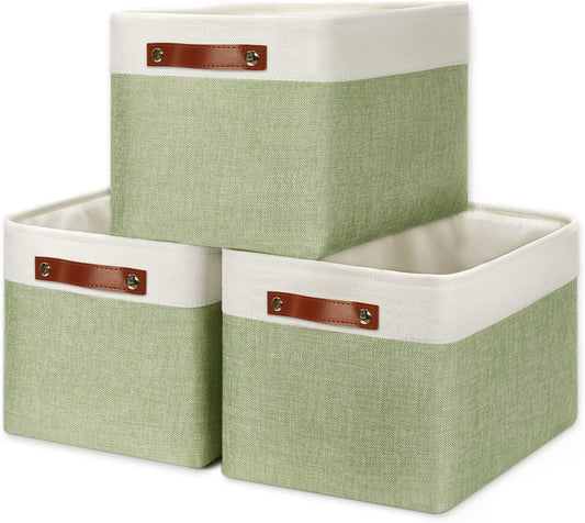 DULLEMELO Fabric Storage Bins for Laundry, Home, Foldable Storage Baskets for Shelves, Toys, Collapsible Storage Bins for Office,Bedroom(3-Pack Medium-15 inch X 11 inch X 9.5 inch , White&Green)