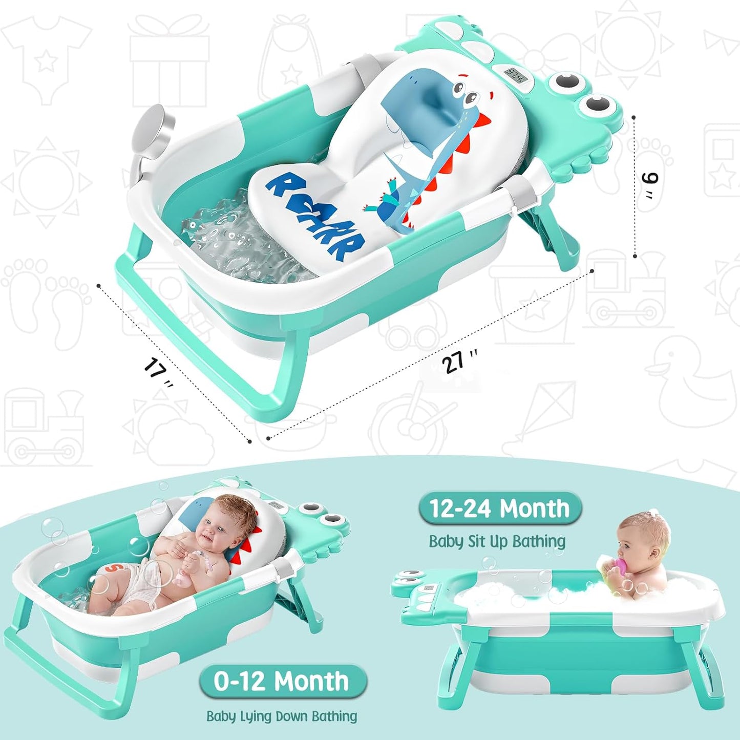 TPN Collapsible Baby Bathtub, Baby Bath Tub with Soft Cushion & Real-Time Thermometer, Baby Bathtub Infant to Toddler Tub (0-36 Months), Portable Newborn Travel Bath tub