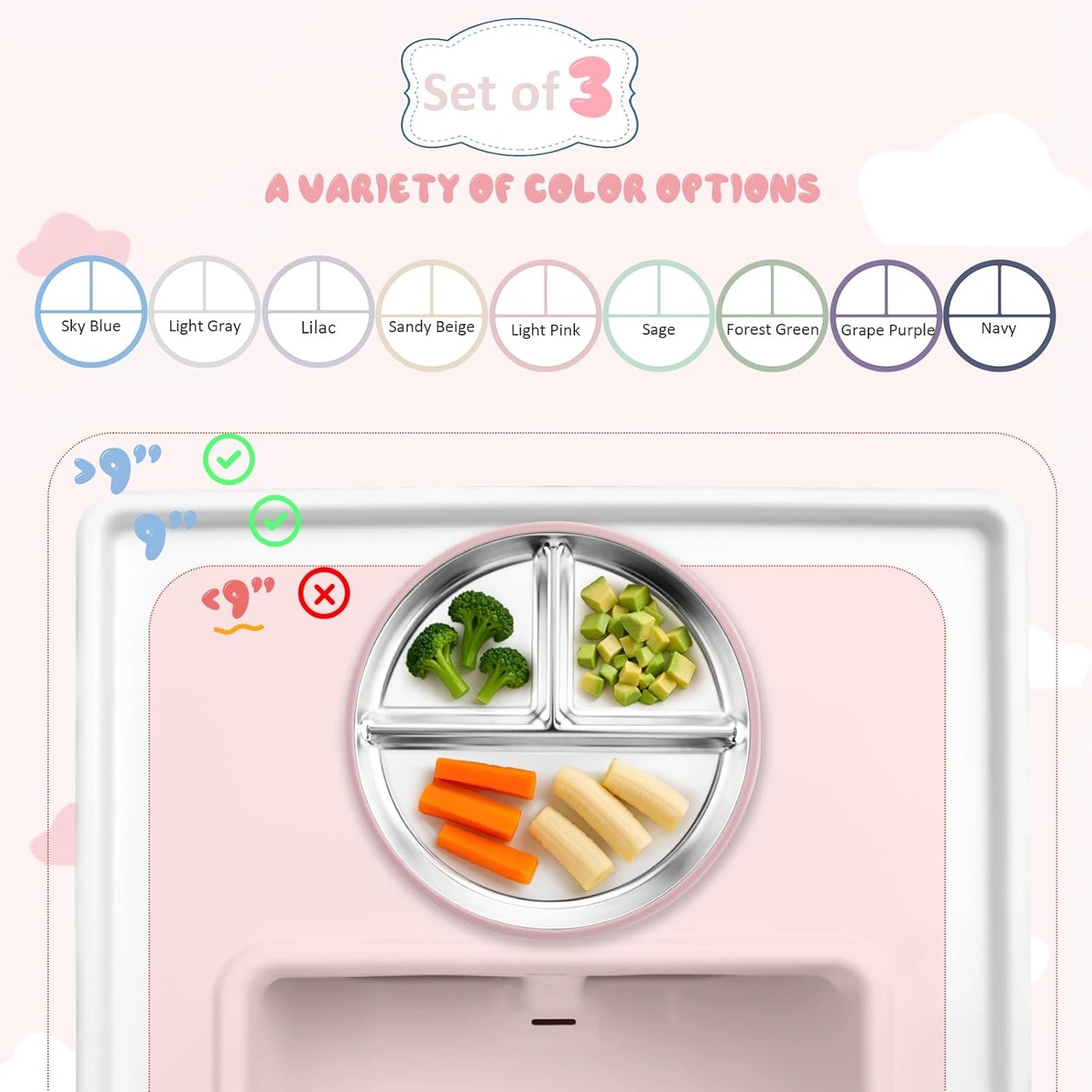 Stainless Steel Suction Plates for Toddlers, 9" Divided Kids Baby Plates with Removable Silicone Suction, Non Toxic Non Slip Portion Control Snack Dishes 3 Packs, Pink Beige Lilac