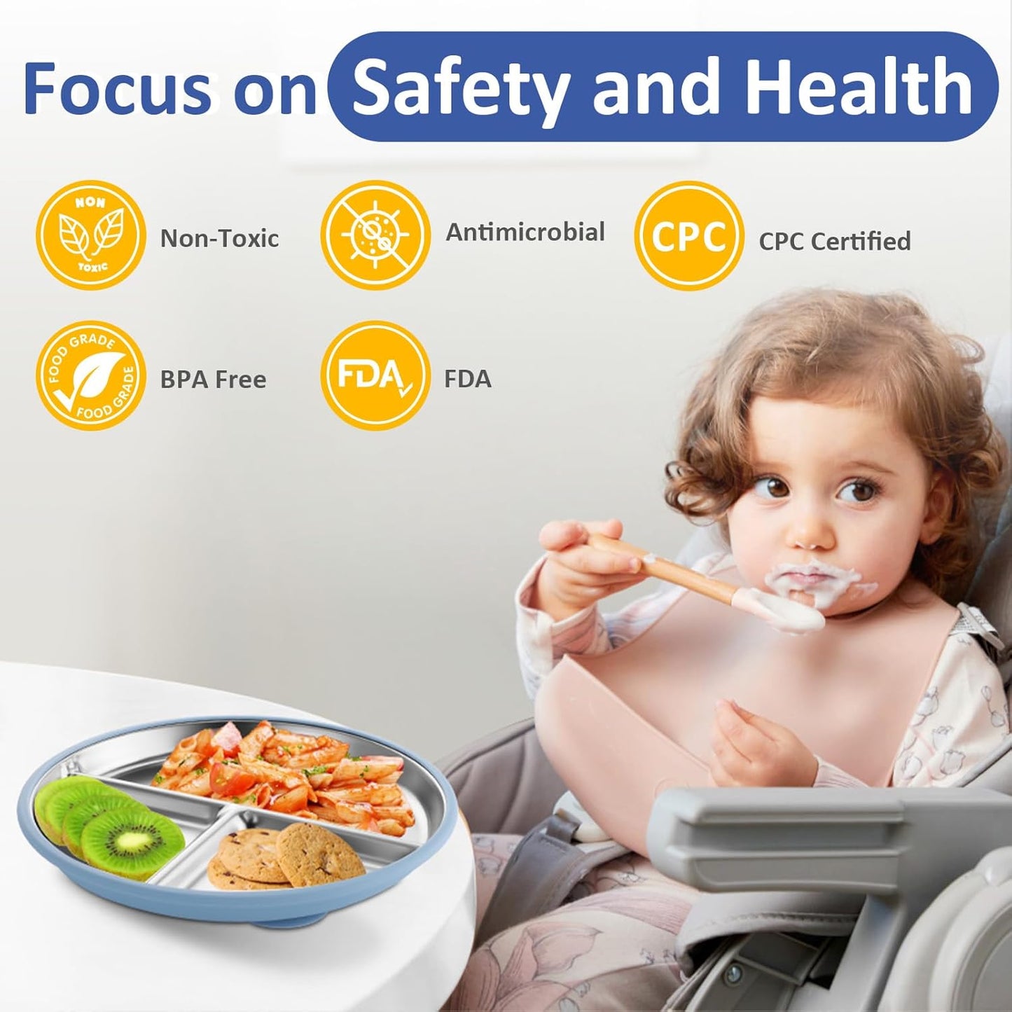 Stainless Steel Suction Plates for Toddlers, 9" Divided Kids Baby Plates with Removable Silicone Suction, Non Toxic Non Slip Portion Control Snack Dishes 3 Packs, Blue Gray Beige