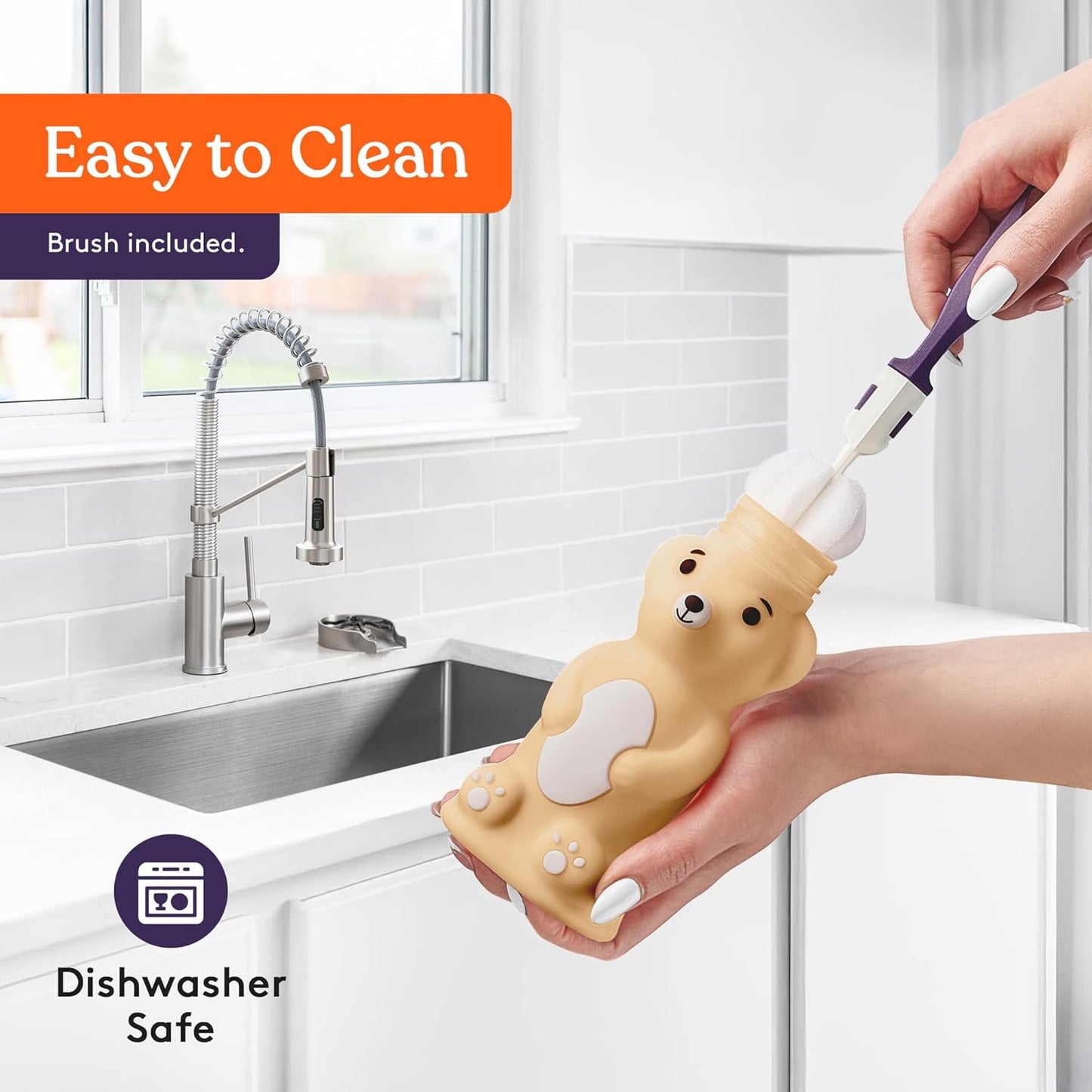 Special Supplies Honey Bear Straw Cup Long Straws, Squeezable Therapy and Special Needs Assistive Drink Container, Spill Proof and Leak Resistant Lid (Pack of 1 Bottle and 3 Straws) (Brown)