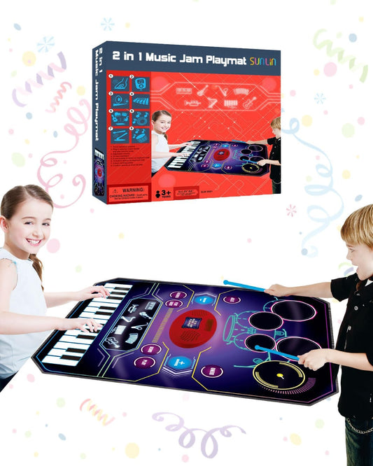 SUNLIN 2-in-1 Music Jam Mat, Music Learning Toy for Boys Girls 3-6, Drum Set + Piano Mat, Toddler Birthday Gift 3 4 5 6 Years, Record & Playback, Built-in Songs, 8 Instrument Sounds, Volume Control