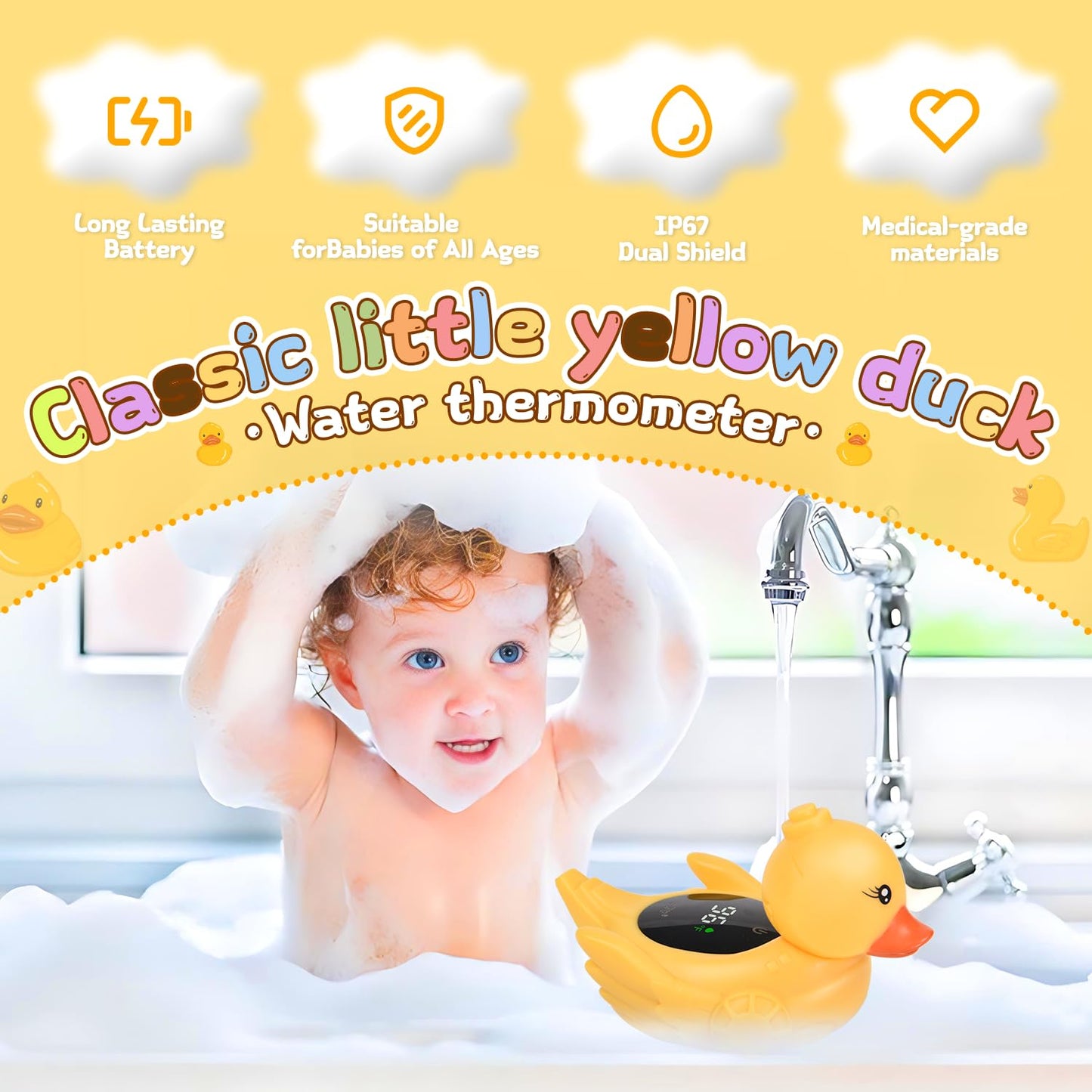 TKY Baby Bath Thermometer with Floating Toys - Digital Water & Room Temperature Monitor, Rechargeable Thermometer with Alerts for Newborn Bath Essentials, Infant Safety