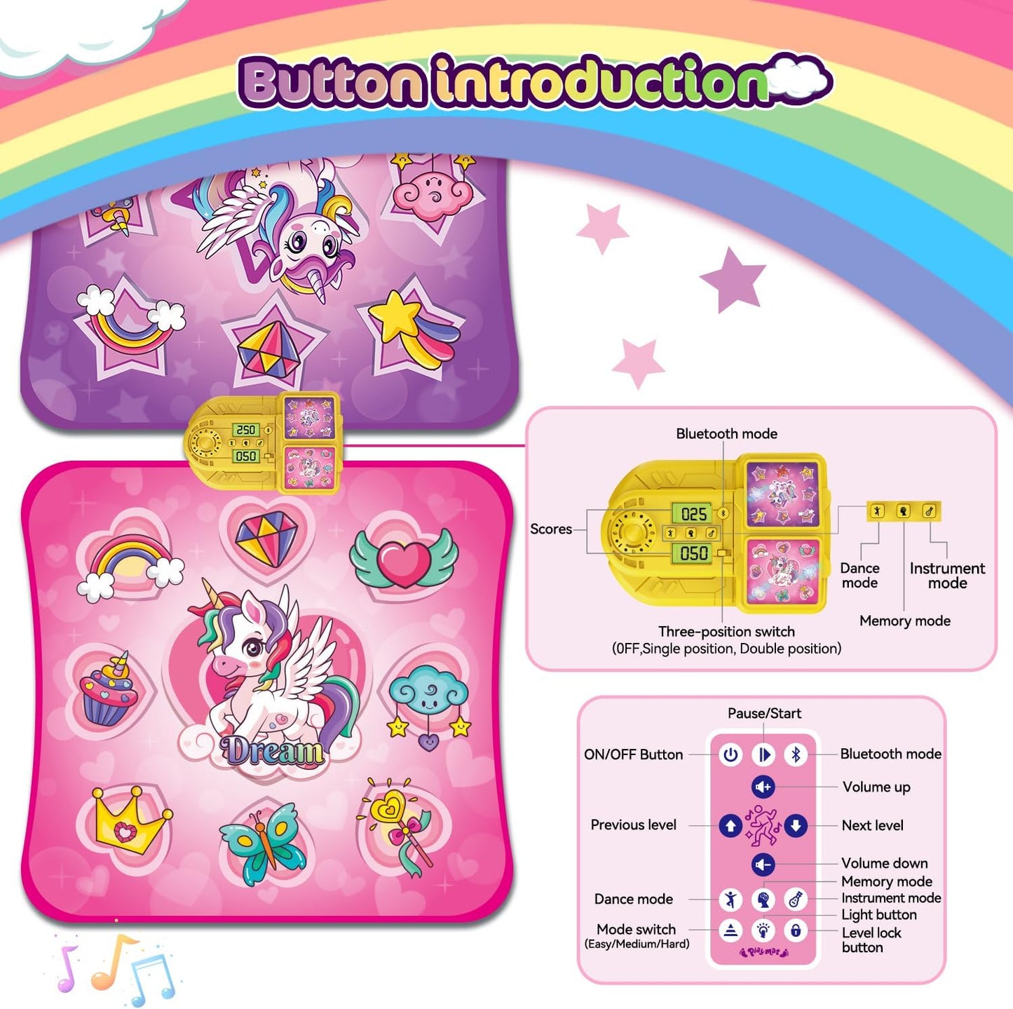 VATOS Double Dance Mat for Girls - 4 Game Modes & 9 Challenge Levels with Adjustable Volume, Led Light & Wireless Bluetooth | Music Play Mat Birthday Gifts Toys for Kids Ages 3 4 5 6 7 8 9+ Years Olds