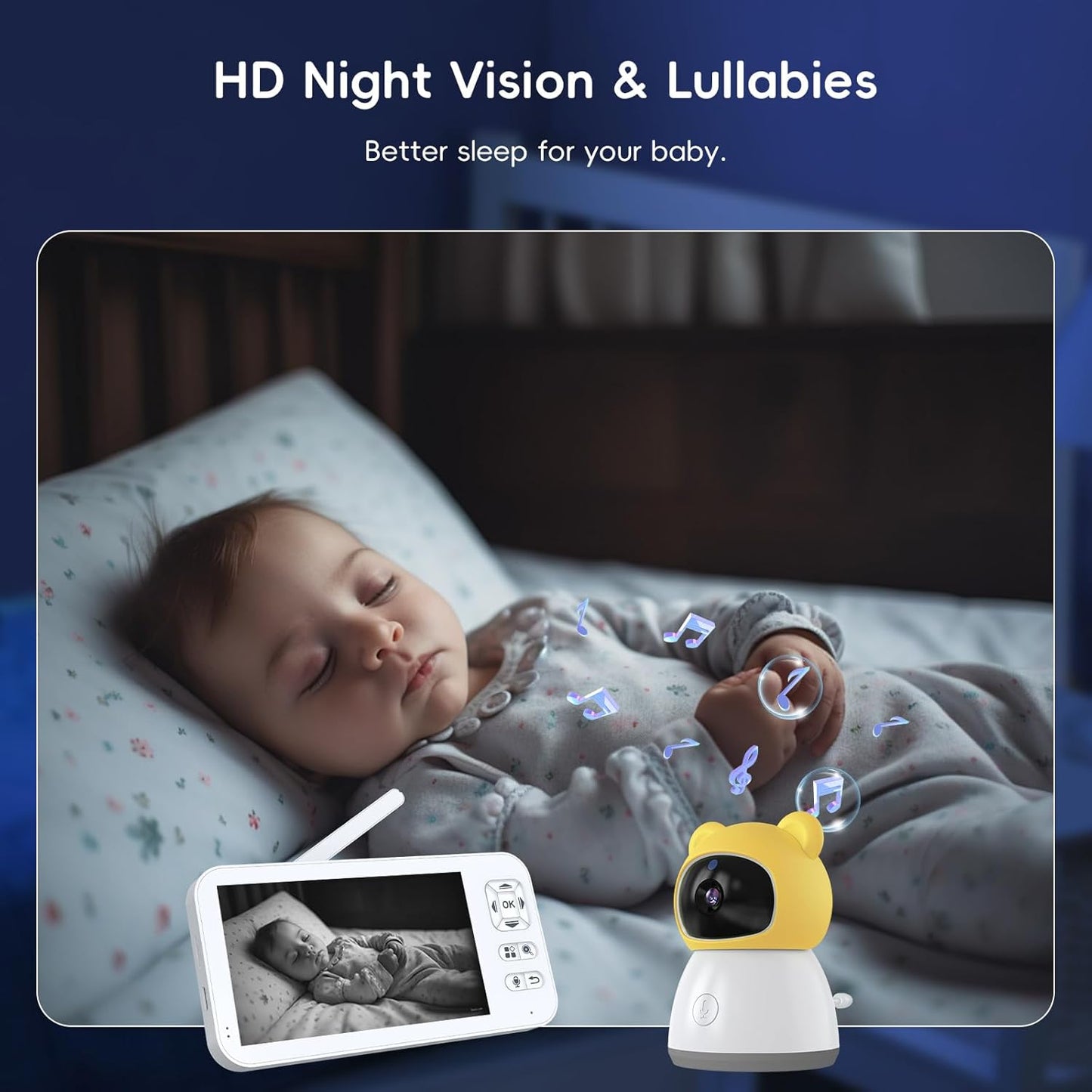 Baby Monitor with Camera and Audio, 2K HD Smart Video Baby Camera WiFi 5" Screen, Night Vision, Temp Humidity Sensor, 2 Way Talk, Lullaby, Sleep Mode, Cry Detection, 1000ft Range, App Control