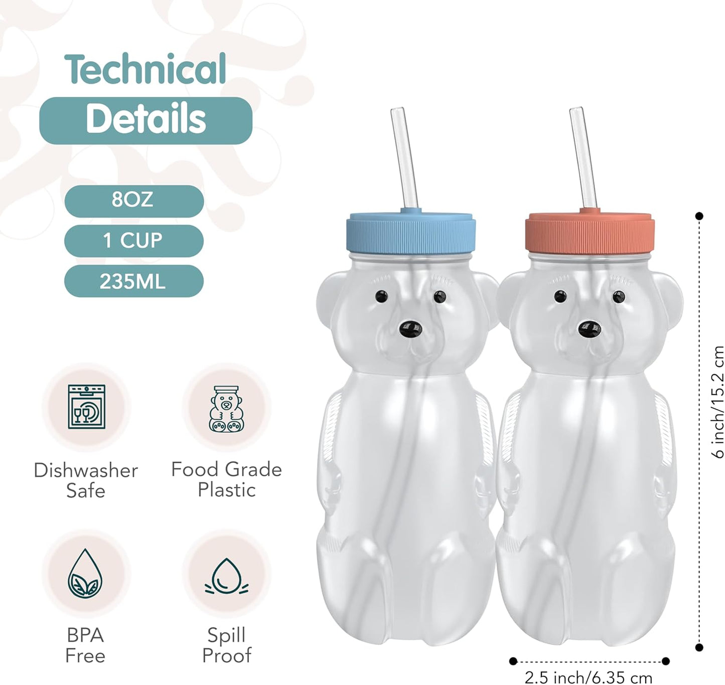 Honey Bear Straw Cup for Babies, 2-Pack Honey Bear Bottle with Travel Lid, Therapy Learning Honeybear Straw Cup, Baby Bottle Set, 8 oz, Blueberry Pie & Firetruck