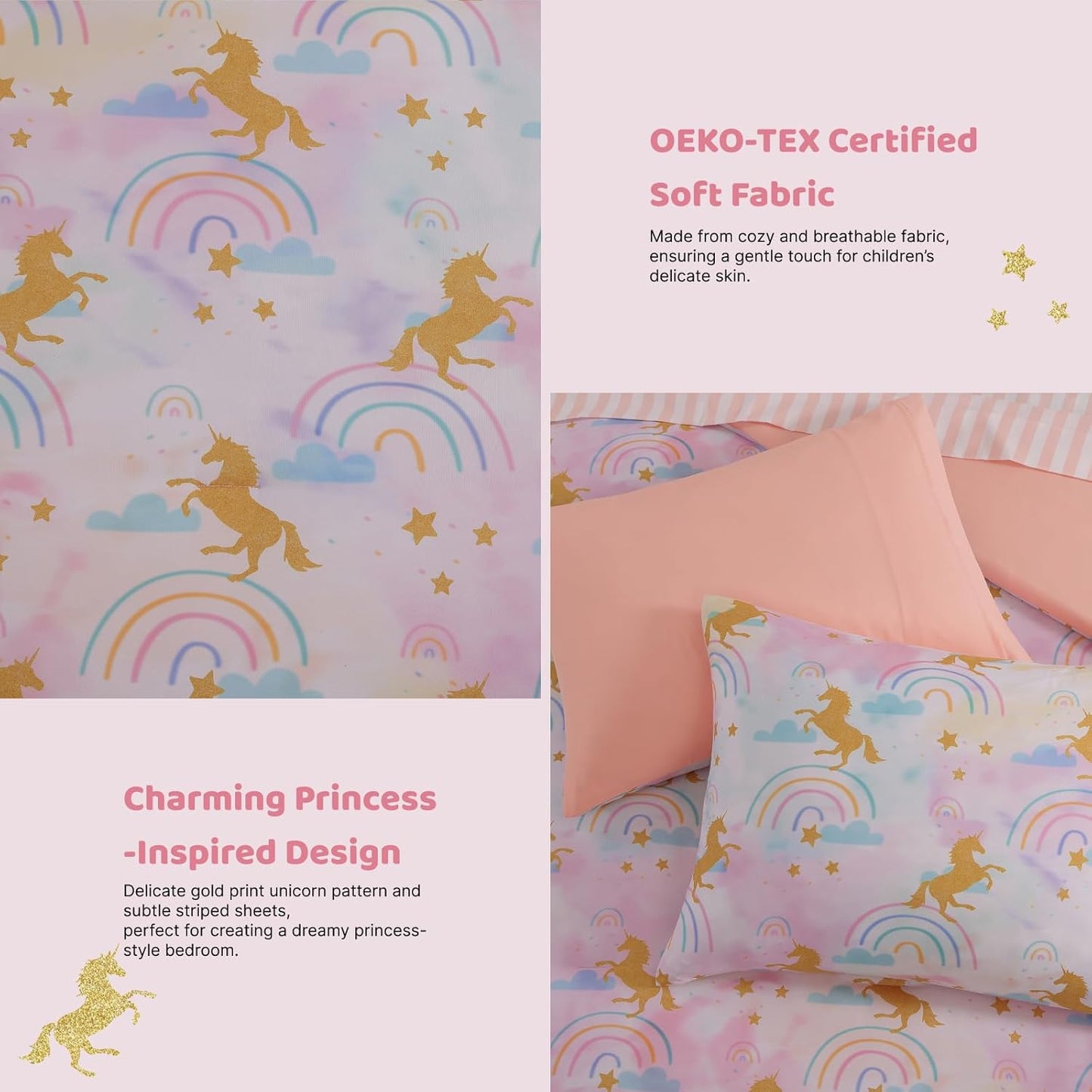 Twin Comforter Set with Sheets for Girls-5 Pieces Twin Bedding Sets with Pink Comforter, Sheets, Pillowcase & Sham for Kids (Gold Unicorn, 66" X 86")