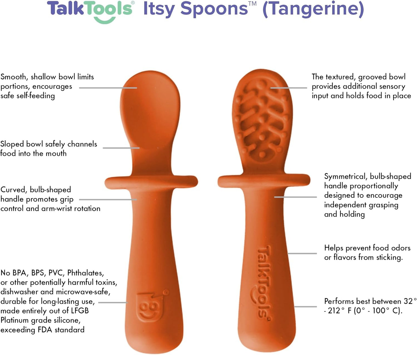 TalkTools ITSY Tiny Silicone Spoons – Twin Pack Soft Silicone Self-Feeding Training Spoons for Kids & Toddlers, Anti-Choking Flange Guard and Non-Slip Handle (Tangerine)