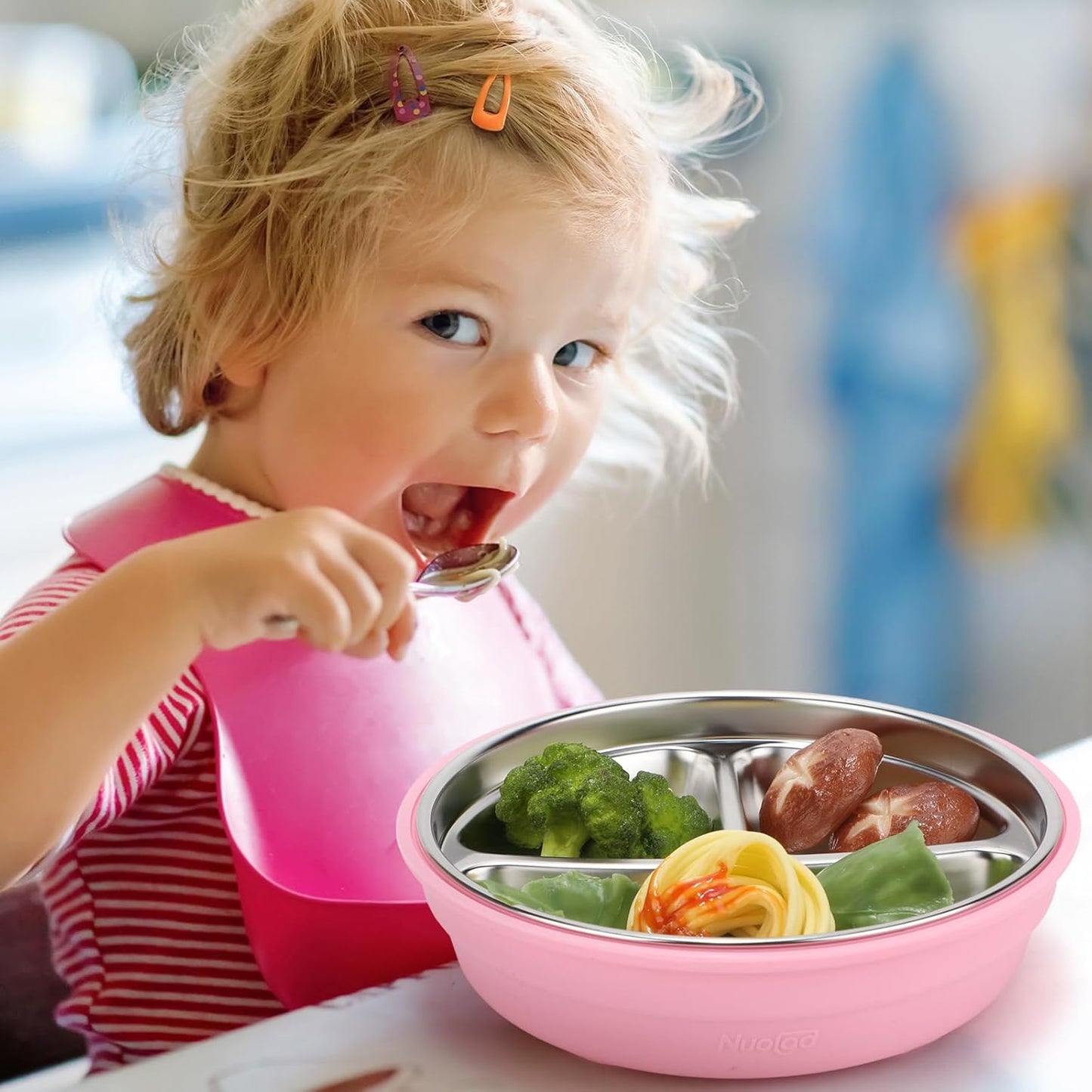 Nuogo 2 Pcs Stainless Steel Baby Suction Plates with Removable Silicone Shell 2-in-1 Metal Toddler Bowl Divided for Picky Eaters Kids Feeding Led Weaning Supplies, Dishwasher Safe (Beige,Pink)