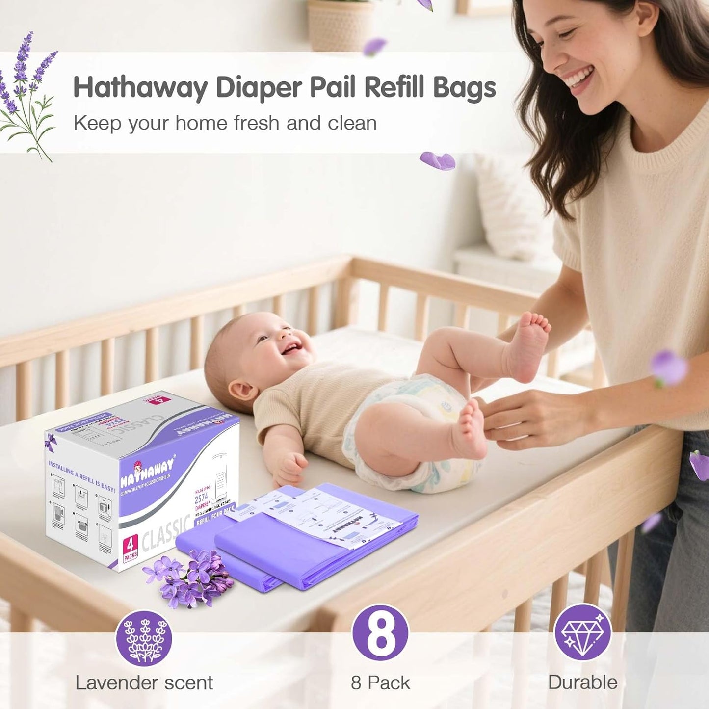 Refills Compatible with Dekor Classic, 30% Extra Length Diaper Pail Refills 4 Pack Diaper Pail Liners Lavender Scent