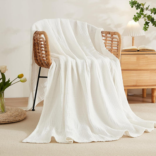 EMME Cotton Blanket Twin XL for Bed Soft Muslin Blankets 66"x90" Lightweight Breathable Layering Bedspread Coverlet All Season Gauze, White