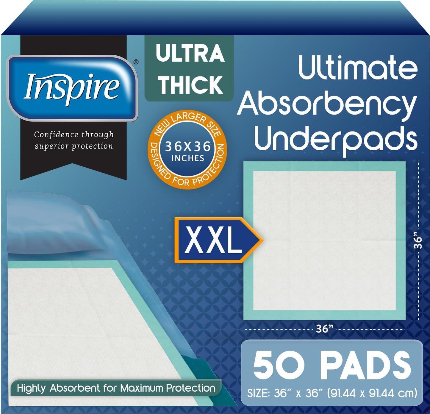 Inspire Extra Large Super Absorbent Disposable Bed Pads for Incontinence (36" X 36" Pack of 50) Ultra Thick and Absorbent Underpads Chux Adults, Puppies, Dogs Kids Furniture Protection