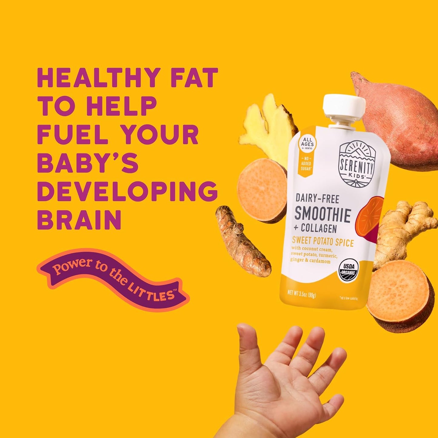 Serenity Kids 6+ Months Dairy-Free Smoothie Baby Food | USDA Organic | Grass Fed Collagen Protein | 3.5 Ounce BPA-Free Pouch | Sweet Potato Spice | 12 Count