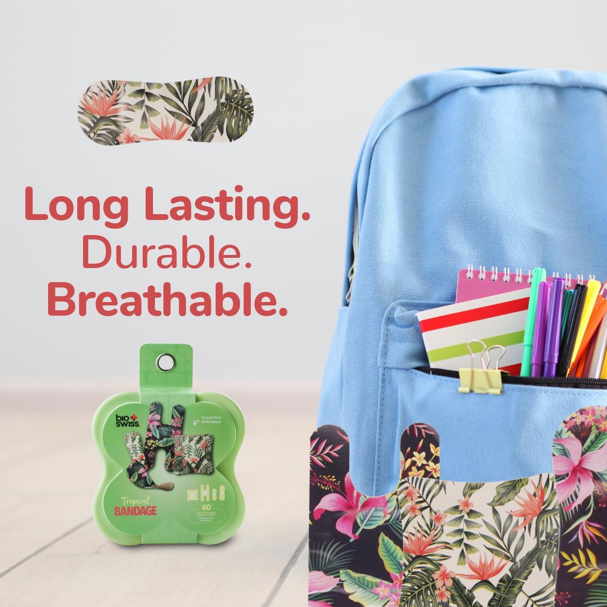 BioSwiss Bandages, Assorted Size Tropical Print Self Adhesive Bandage, Latex Free Sterile Wound Care, First Aid Kit Supplies for Kids and Adults, 60 Count