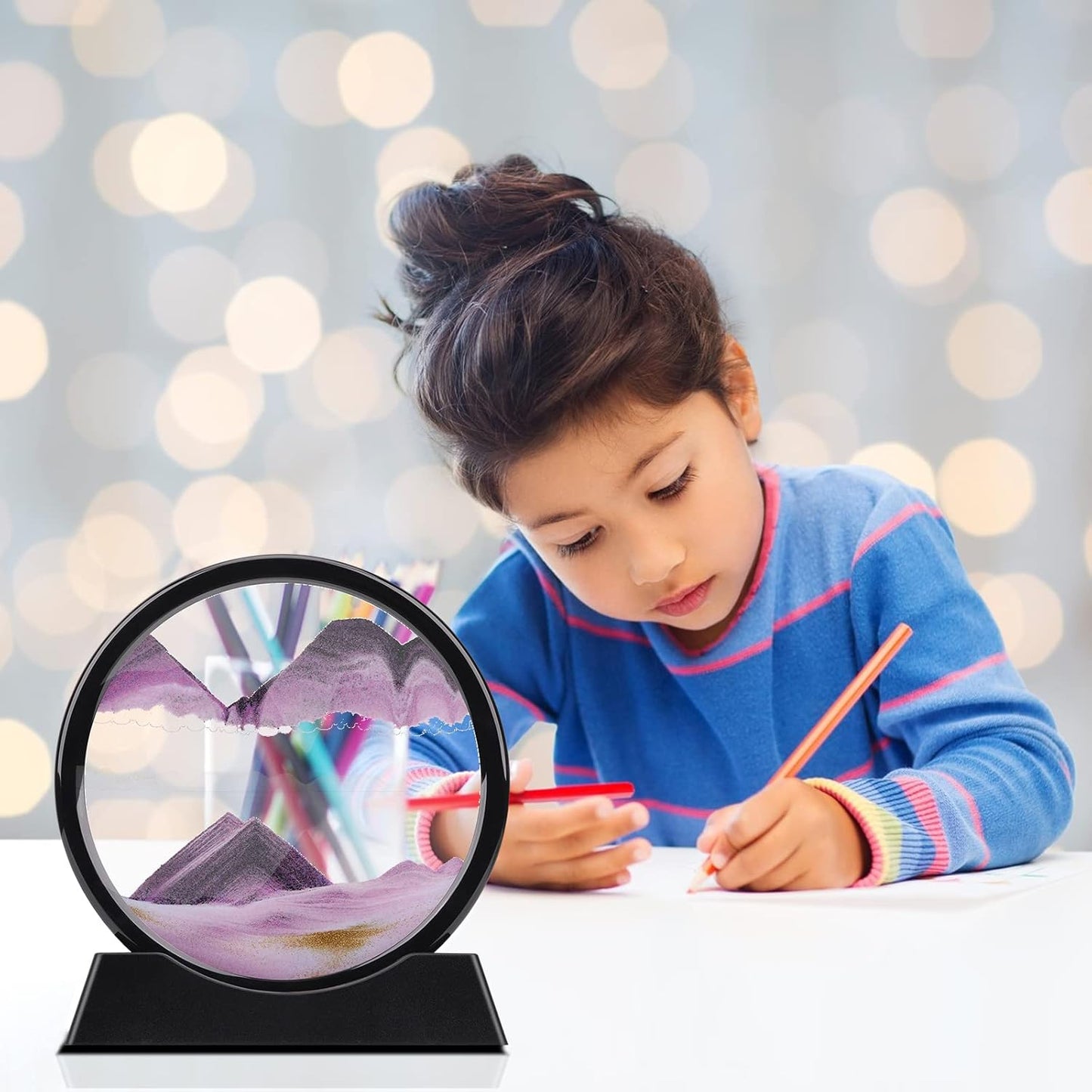 QLKUNLA Moving Sand Art Picture Liquid Motion 3D Deep Sea Sandscape in Motion Display Flowing Sand Frame Relaxing Desktop Home Office Work Decor Art Toys (7 inch, Purple)