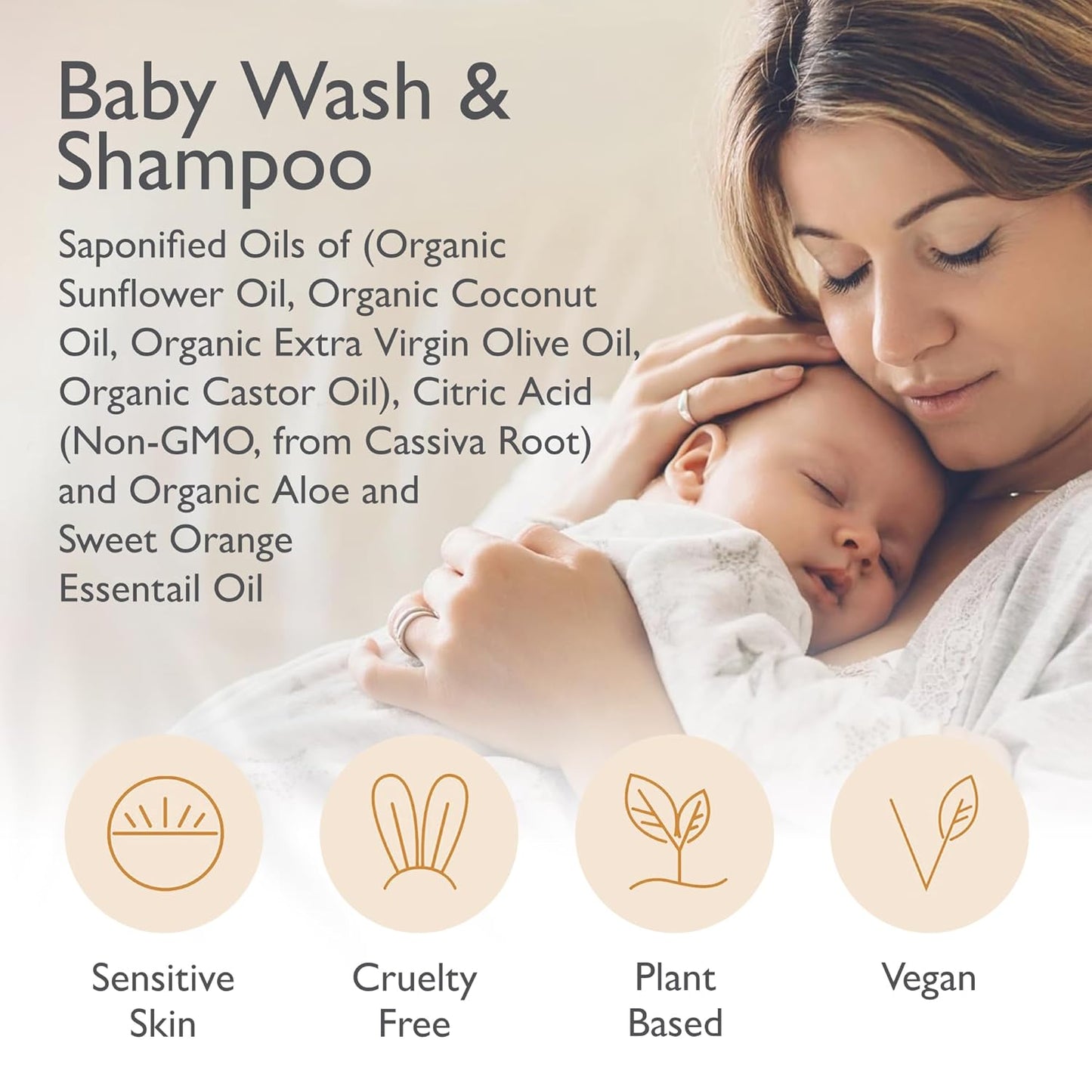 SoCal Suds & Company Baby Shampoo & Body Wash, 2-in-1 Organic Gel - Gentle Castile Soap with Vitamin-Infused Oils & Botanicals - Natural Care for Sensitive Skin Hypoallergenic - 12oz Sweet Orange