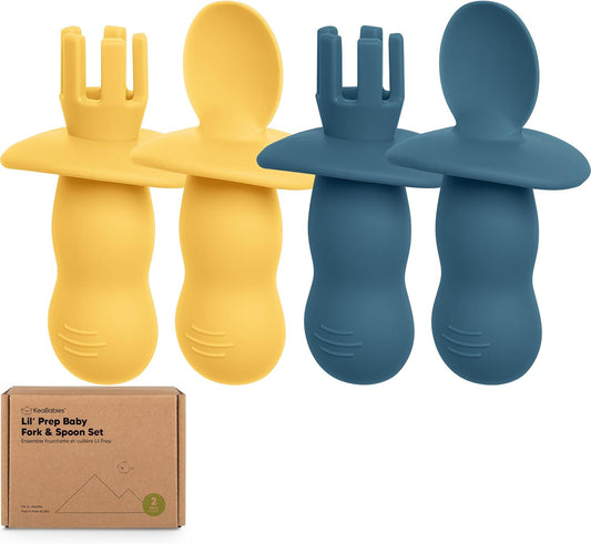 KeaBabies 4-Pack Silicone Baby Spoons and Forks Set - Baby Led Weaning Utensils 6-12 Months, Self Feeding Toddler Spoon & Fork for Training, Teething, Easy to Hold, BPA-Free Silicone (Valiant)