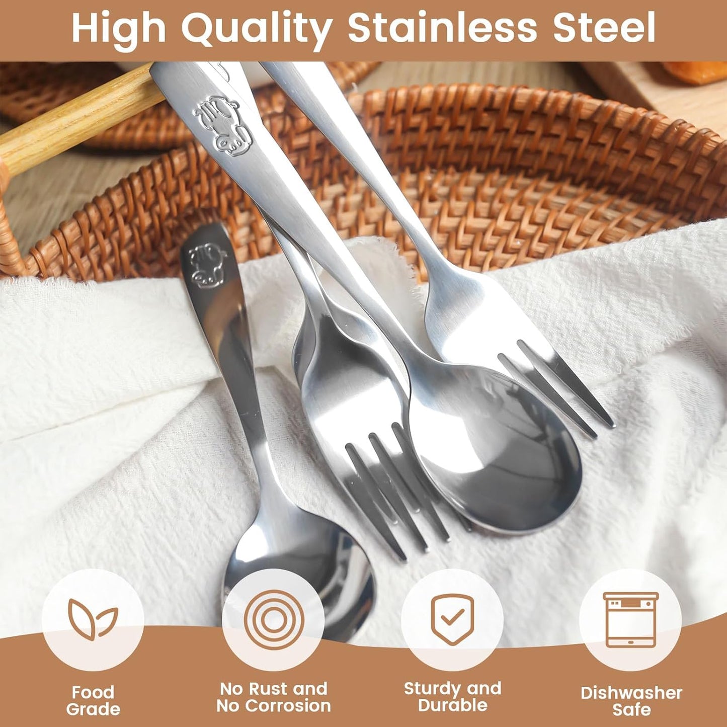 HAKSEN Stainless Steel Toddler Utensils Set, 12PCS Kids Safe Forks and Spoons with Bunny and Puppy Motifs, Mirror Polished & Dishwasher Safe