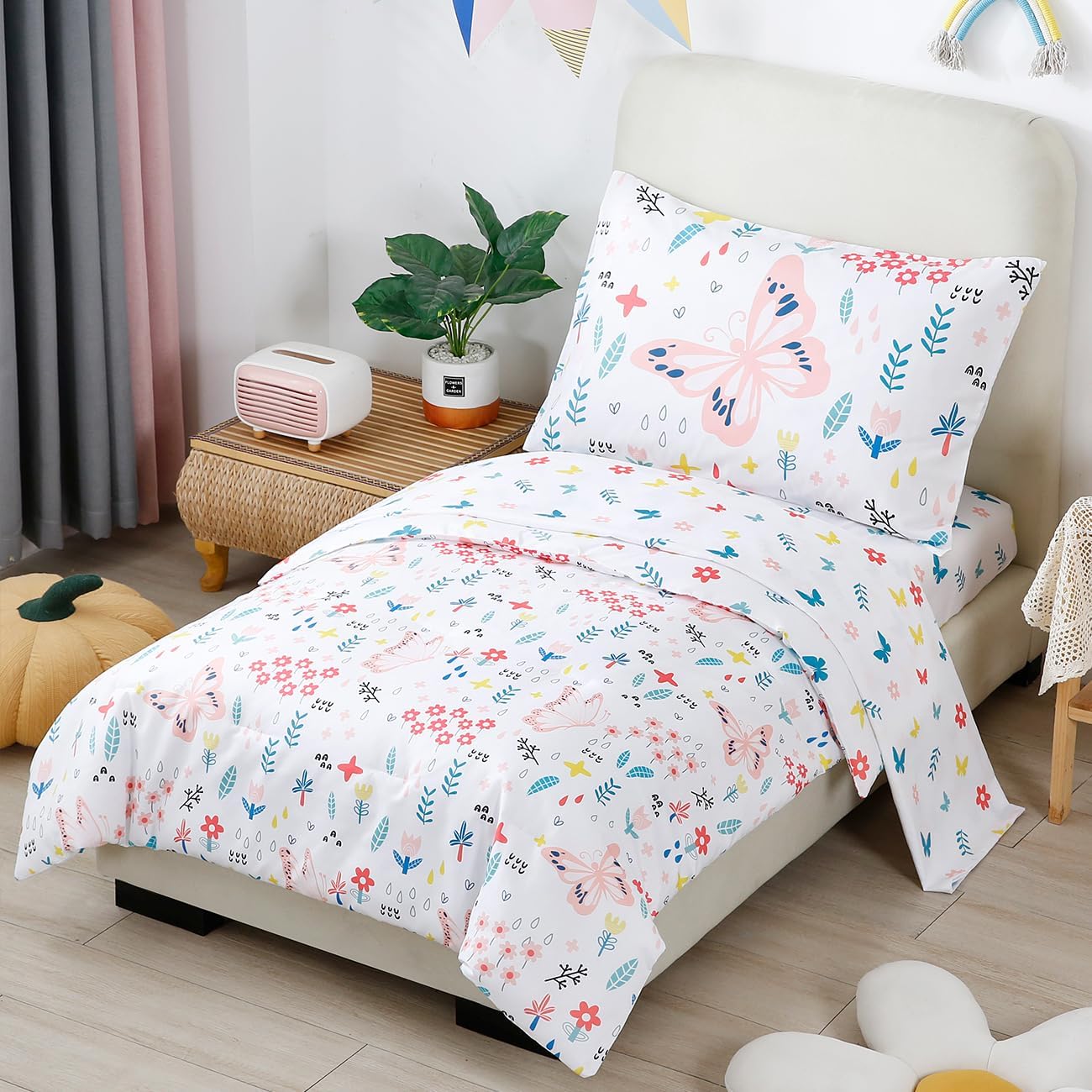 PERFEMET Girls Toddler Bedding Colorful Flower Blossom Comforter Set Butterfly Print Toddler Bedding Sets Ultra Soft Lightweight Bed-in-A-Bag for Toddlers(4 Pieces, White)