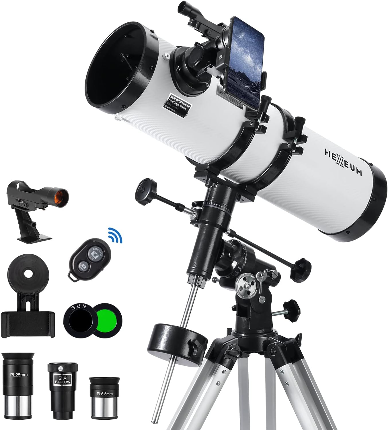 Telescope 130EQ Astronomical Reflector Telescopes - Manual Equatorial Telescope for Adults Astronomy. Comes with 2X Barlow Lens Phone Adapter and Moon Filter, Wireless Control