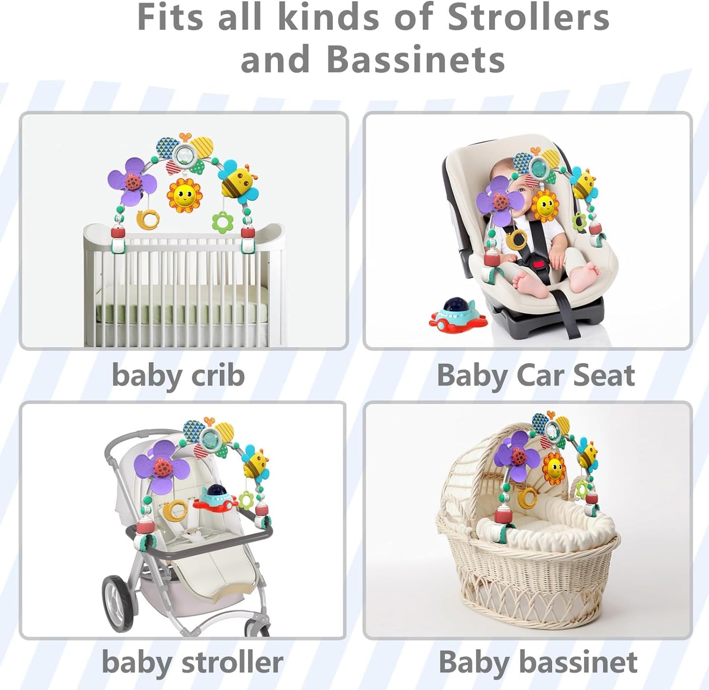 Musical Baby Stroller Arch, Travel Car Seat Toys, Baby Play Arch Crib Accessory, Mobile for Bassinet, Pram Activity Arch Bar for Babies Infants