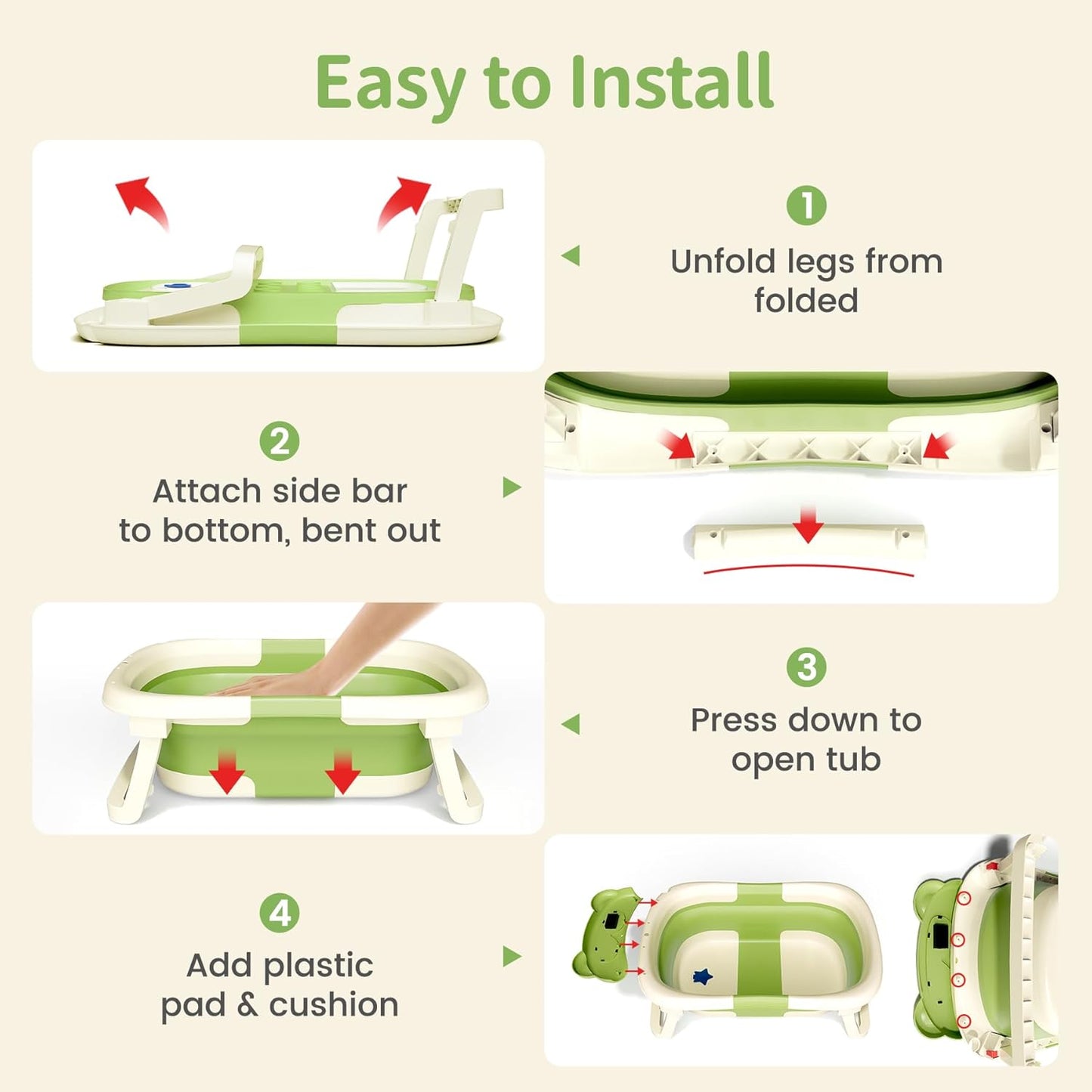 Collapsible Baby Bathtub for Newborn to Toddler (0-18 Month) - Portable Baby Bath Tub for Travel, Newborn Bathtub with Soft Towel and Floating Cushion (Green)