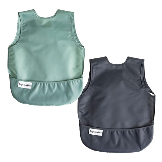 Tiny Twinkle Mess Proof Apron Bibs - 2 Pack Waterproof & Lightweight Baby Bibs for Led Weaning | 100% Recycled Polyester, Easy Clean & Machine Washable (Sage Charcoal, Large 2-4 Years)