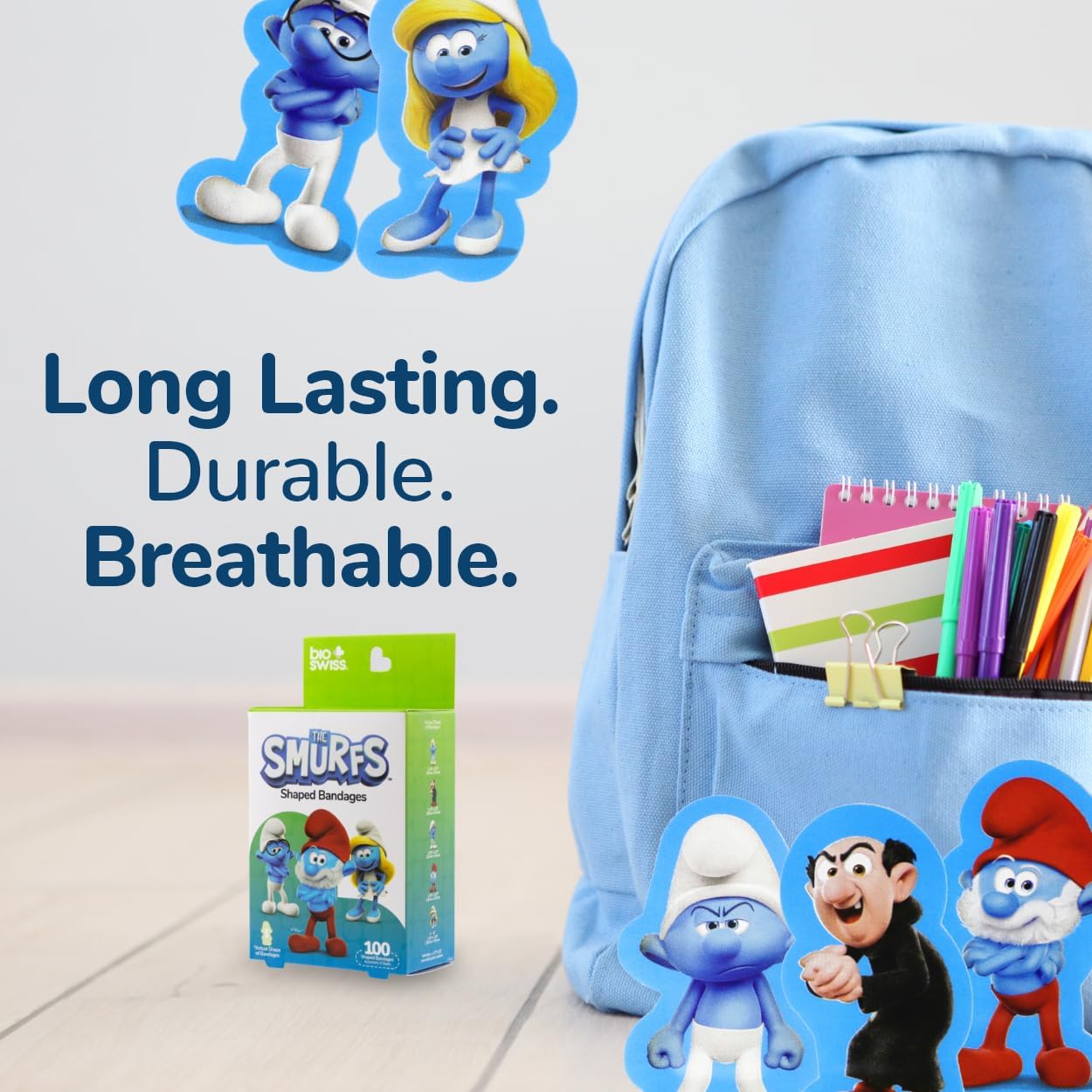 BioSwiss Bandages, The Smurfs Shaped Self Adhesive Bandage, Latex Free Sterile Wound Care, Fun First Aid Kit Supplies for Kids and Adults, 100 Count Box