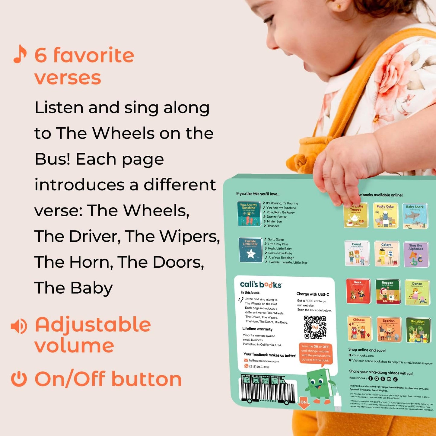 Calis Books The Wheels on The Bus Book | New Rechargeable Musical Book, No More Batteries | Books for 1 Year Old | Wheels on The Bus Toy | Musical Book for Toddlers 1-3 | Musical Toy for Toddlers