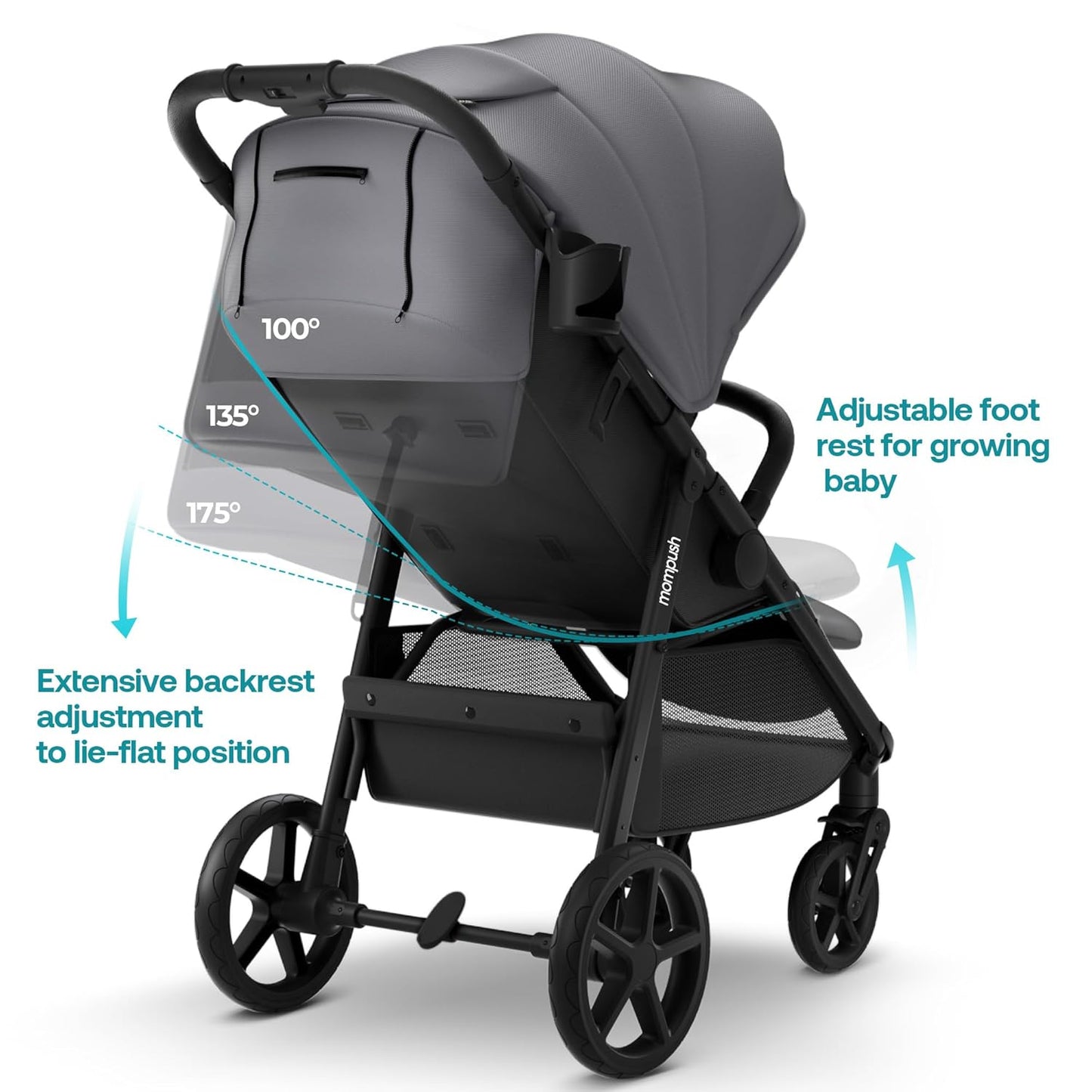 Mompush Nova Baby Stroller for Toddler, Infant & Newborn | Spacious Seat & Lie-Flat Mode | Compact One-Hand Fold, UPF 50+ Canopy & All-Wheel Suspension | Includes Rain Cover & Cup Holder, Grey
