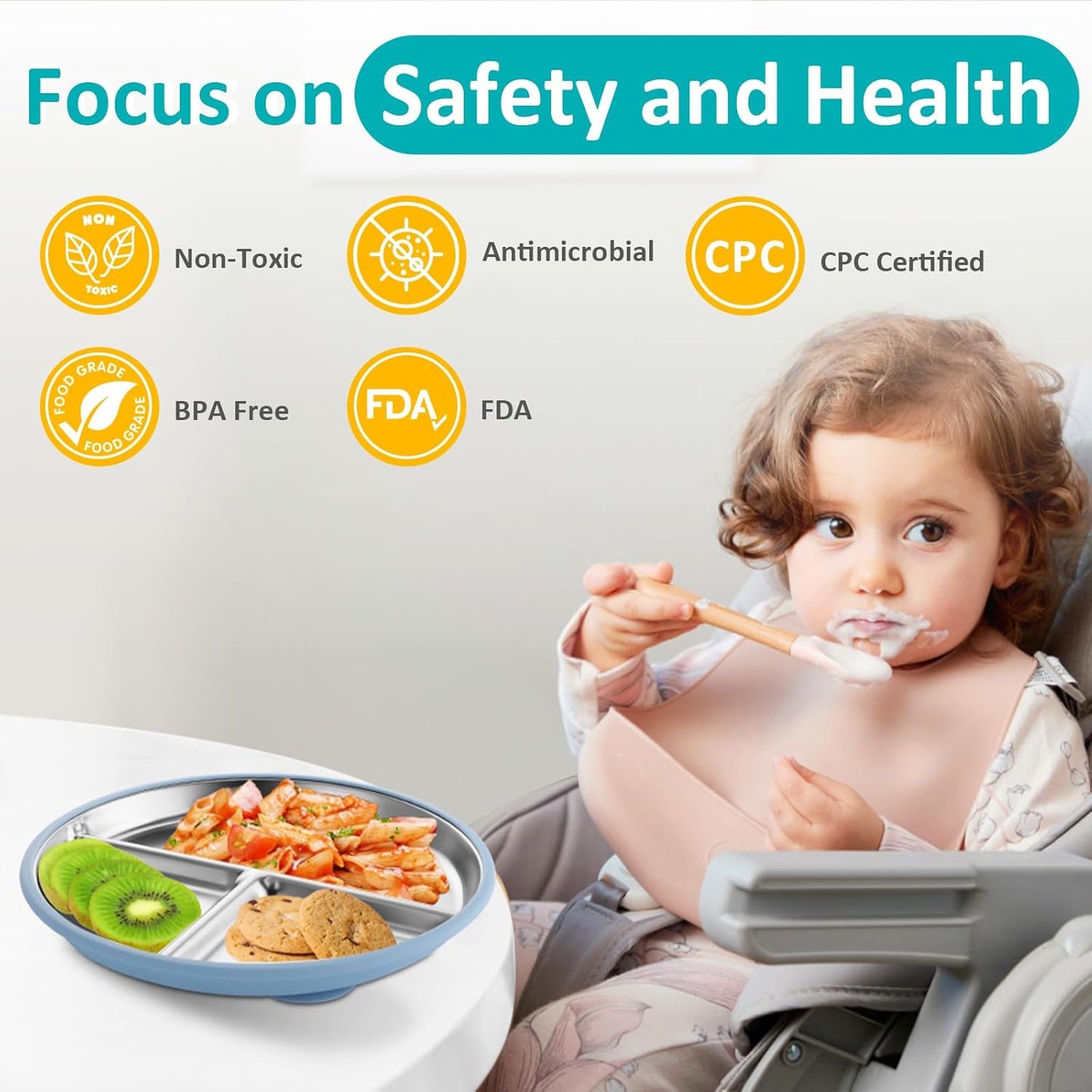 Stainless Steel Suction Plates for Toddlers, 9" Divided Kids Baby Plates with Removable Silicone Suction, Non Toxic Non Slip Portion Control Snack Dishes 3 Packs, Blue Gray Sage