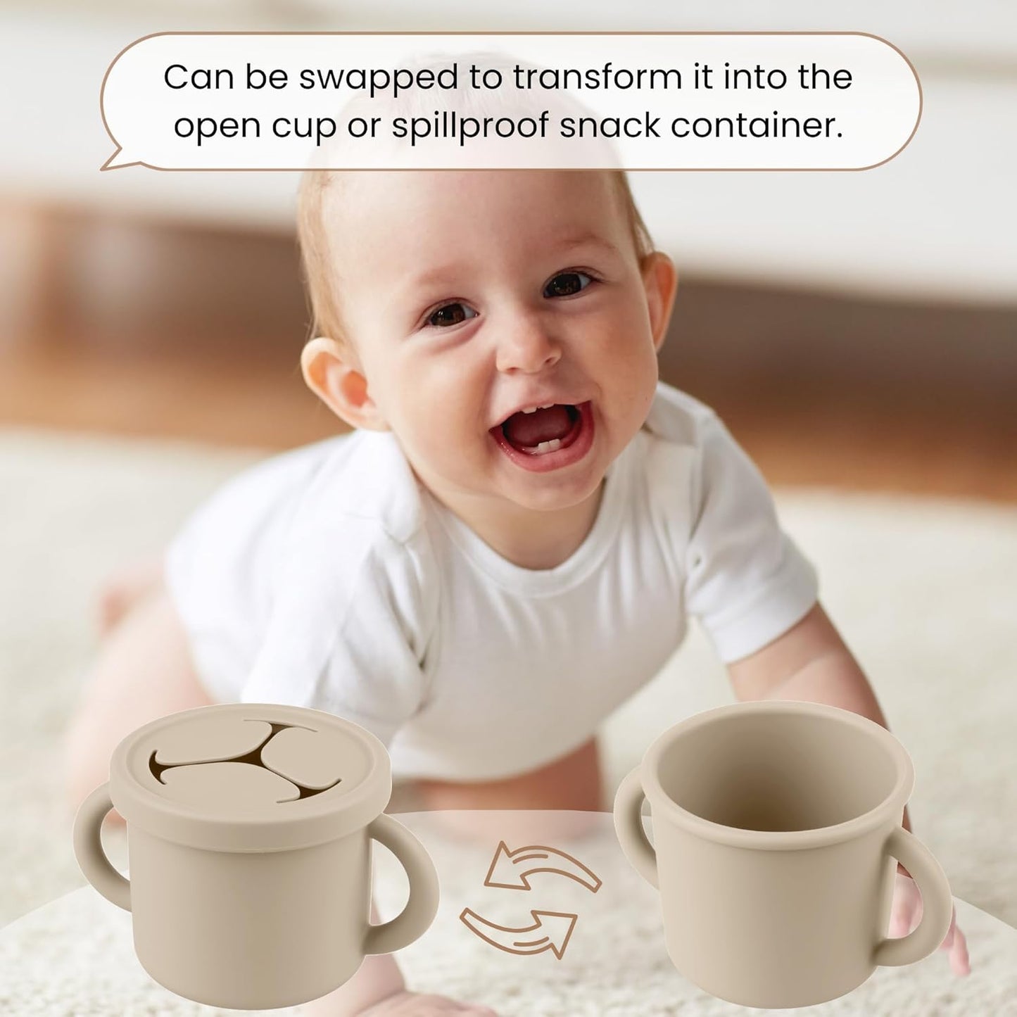 Snack Containers for Toddlers, Kids - 2 Pack Food Grade Silicone Snack Cups with Grip Handle (Sand/Natural)