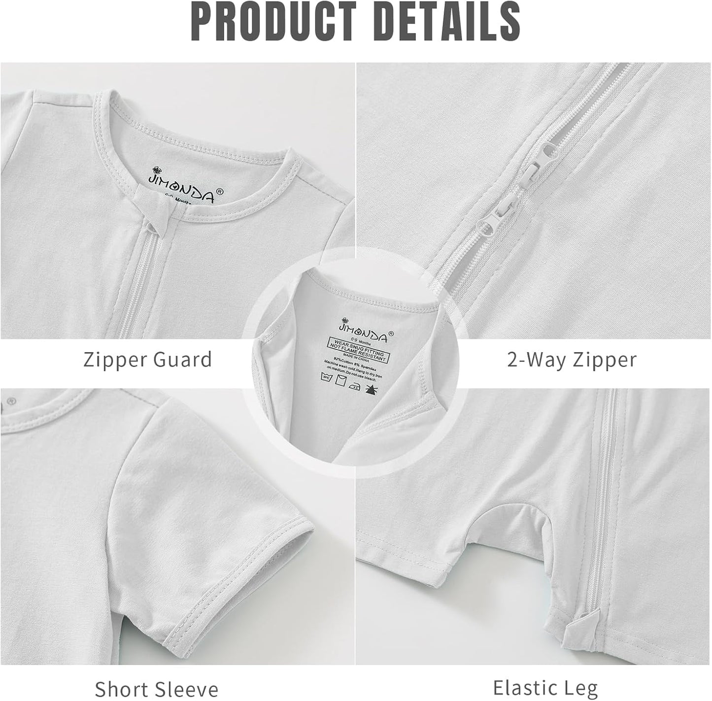 Jimonda Baby Rompers Cotton Baby Boys Baby Girls Short Sleeve Sleepers Pjs Two Way Zipper One-piece Neutral Sleep and Play
