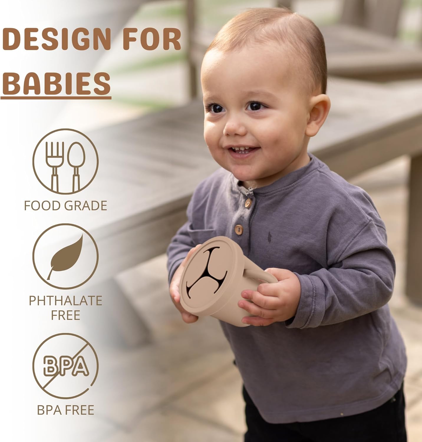 Snack Containers for Toddlers, Kids - 2 Pack Food Grade Silicone Snack Cups with Grip Handle (Natural/Sage)