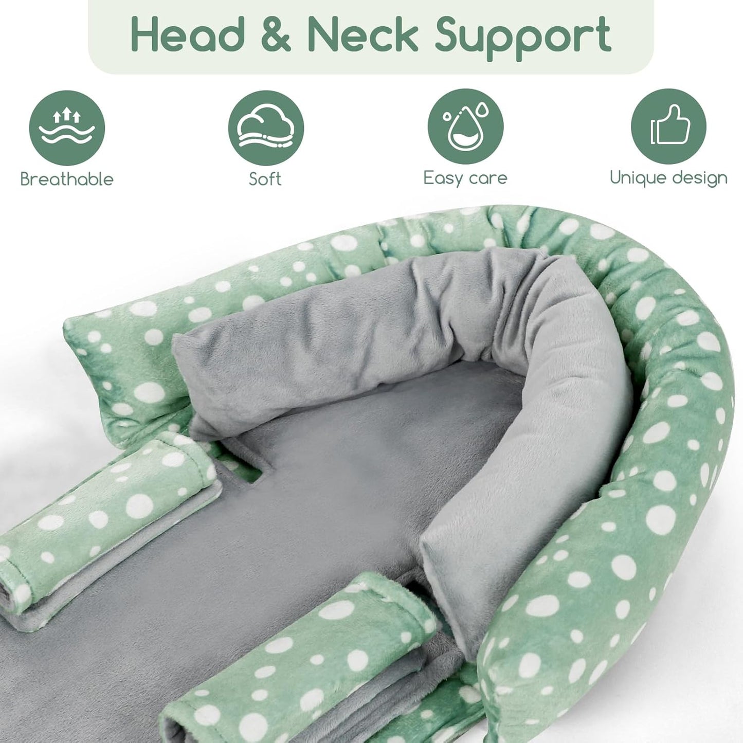 Baby Car Seat Head Support for Newborn, GFU 2 in 1 Infant Car Seat Head Body Support with Strap Pads, Soft Stroller Cushion Pillow Insert for Girls and Boys, Fits for Stroller, Swing, Green