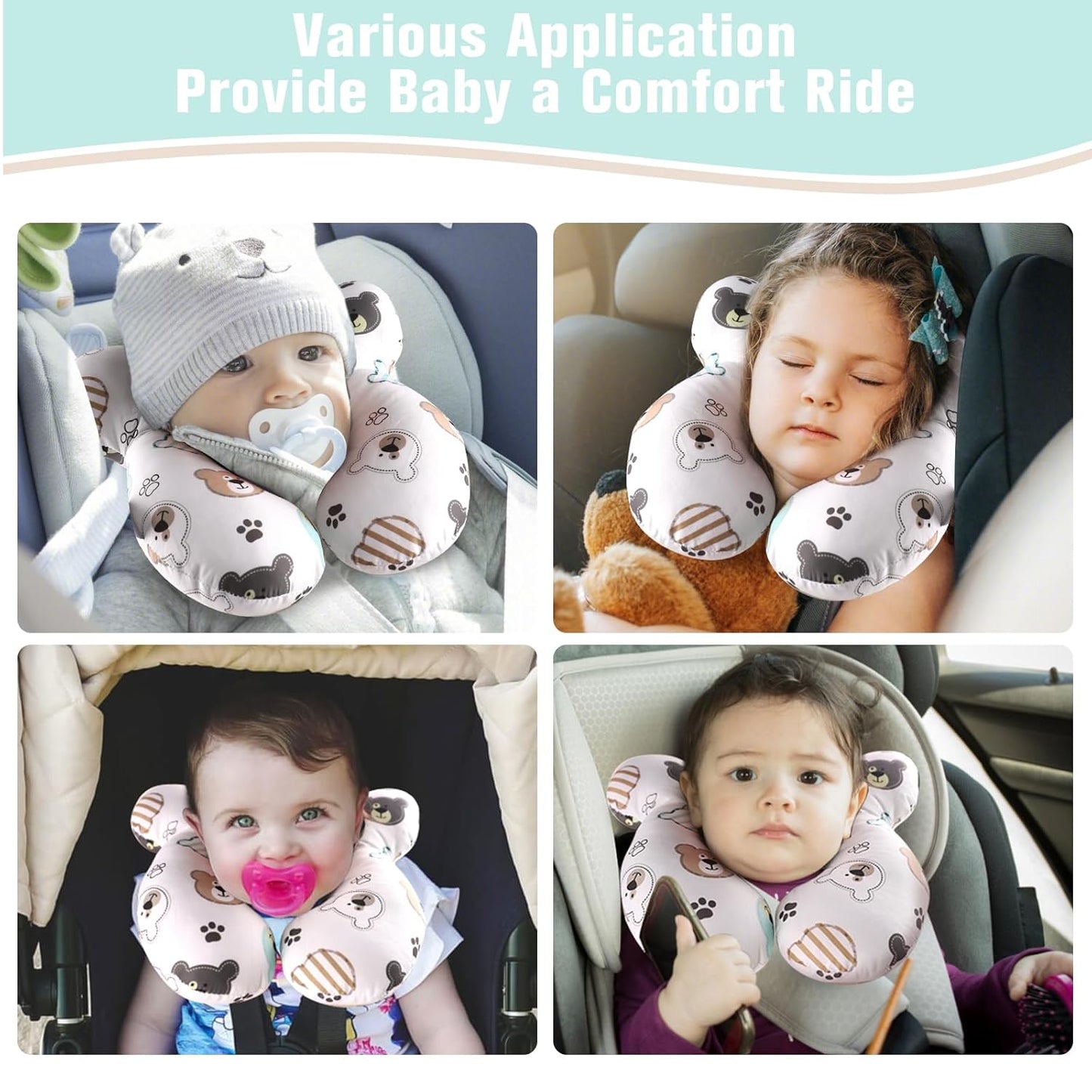 vocheer Baby Travel Pillow(Upgraded), Head and Neck Support Pillow for Pushchair, Car Seat,Stroller, Bouncer, Cotton(Bear)