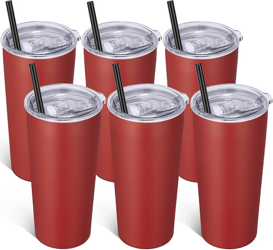 VEGOND 20oz Tumbler Bulk with Lid and Straw 6 Pack, Stainless Steel Vacuum Insulated Tumbler, Double Wall Coffee Cup Travel Mug, Red