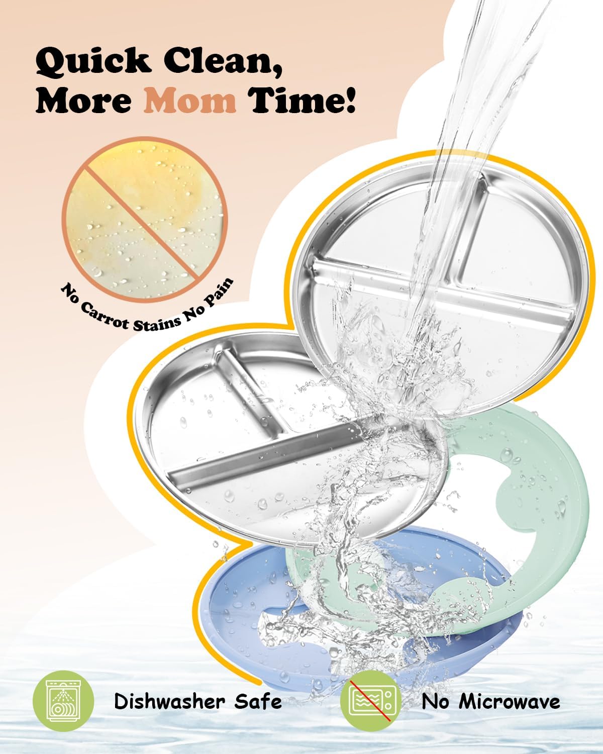 8” Stainless Steel Toddler Plate with Suction, Divided Plates with Removable Silicone Sleeves for Kids, Non Toxic & BPA Free | Non Slip | Unbreakable Baby Snack Dishes Set of 2, Blue & Sage