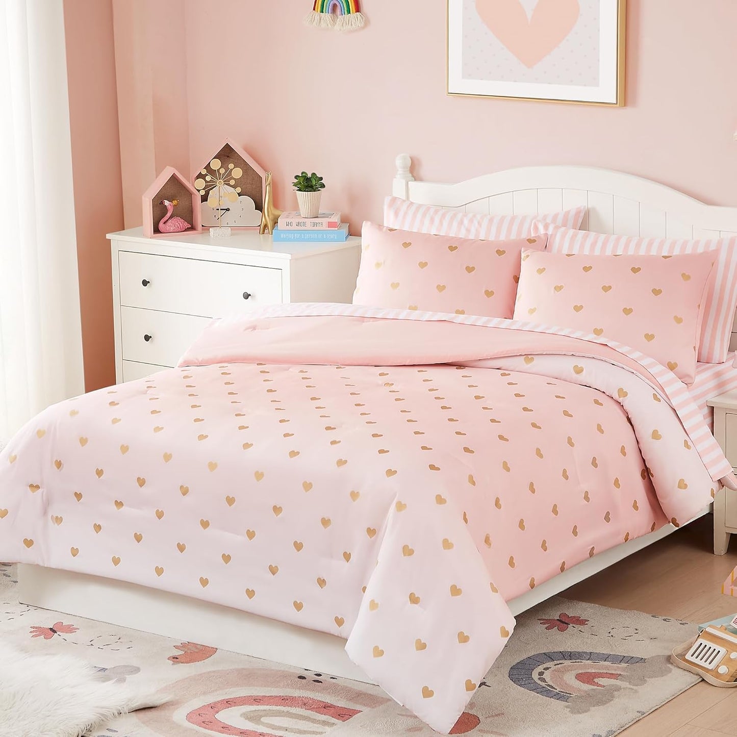 Queen Comforter Set with Sheets for Girls-7 Pieces Queen Bedding Sets with Pink Comforter, Sheets, Pillowcases & Shams for Kids (Pink Gold Heart, 90" X 90")