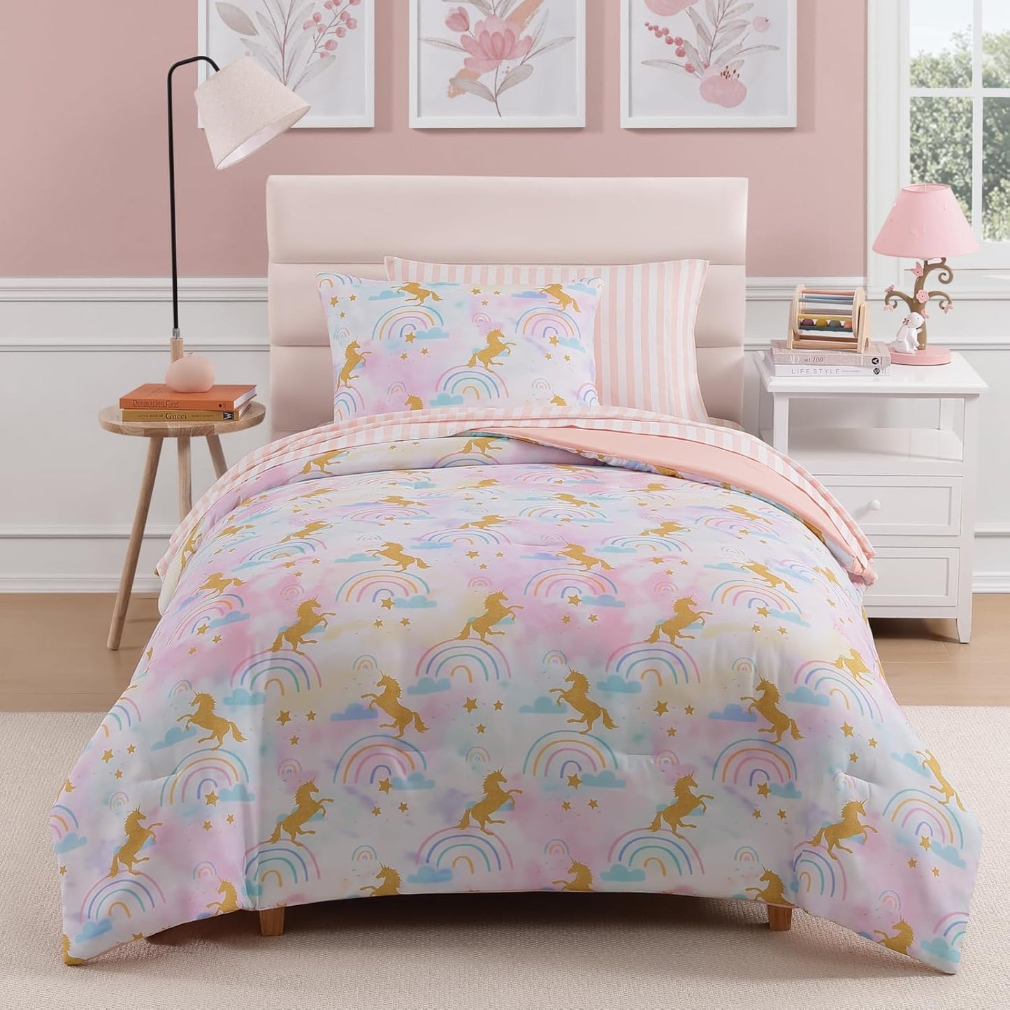 Twin Comforter Set with Sheets for Girls-5 Pieces Twin Bedding Sets with Pink Comforter, Sheets, Pillowcase & Sham for Kids (Gold Unicorn, 66" X 86")