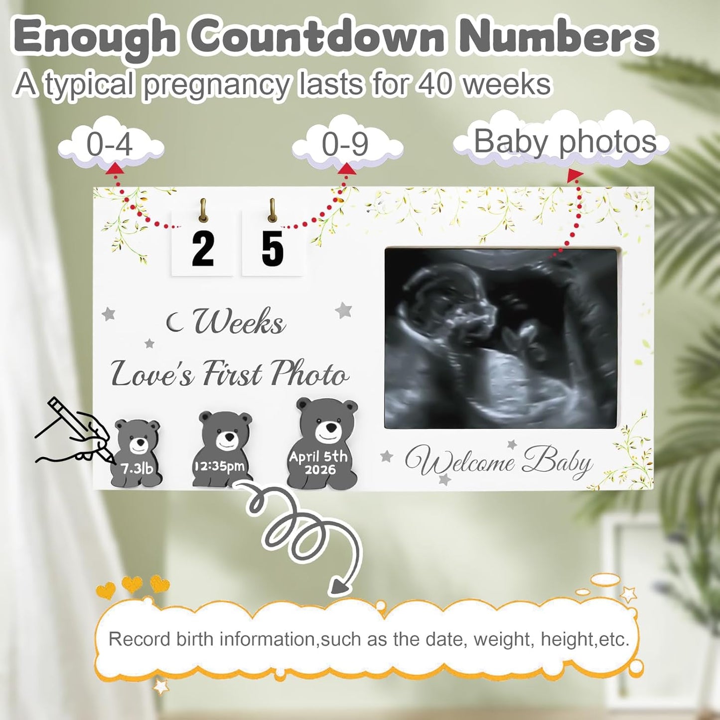 Ultrasound Picture Frames with Countdown Weeks, Baby Sonogram Picture Frame with Plant Prints for Standard 4" x 3" Love's First Ultrasound Photo, Pregnancy Announcement, Gender Reveal Baby-Shower Gift