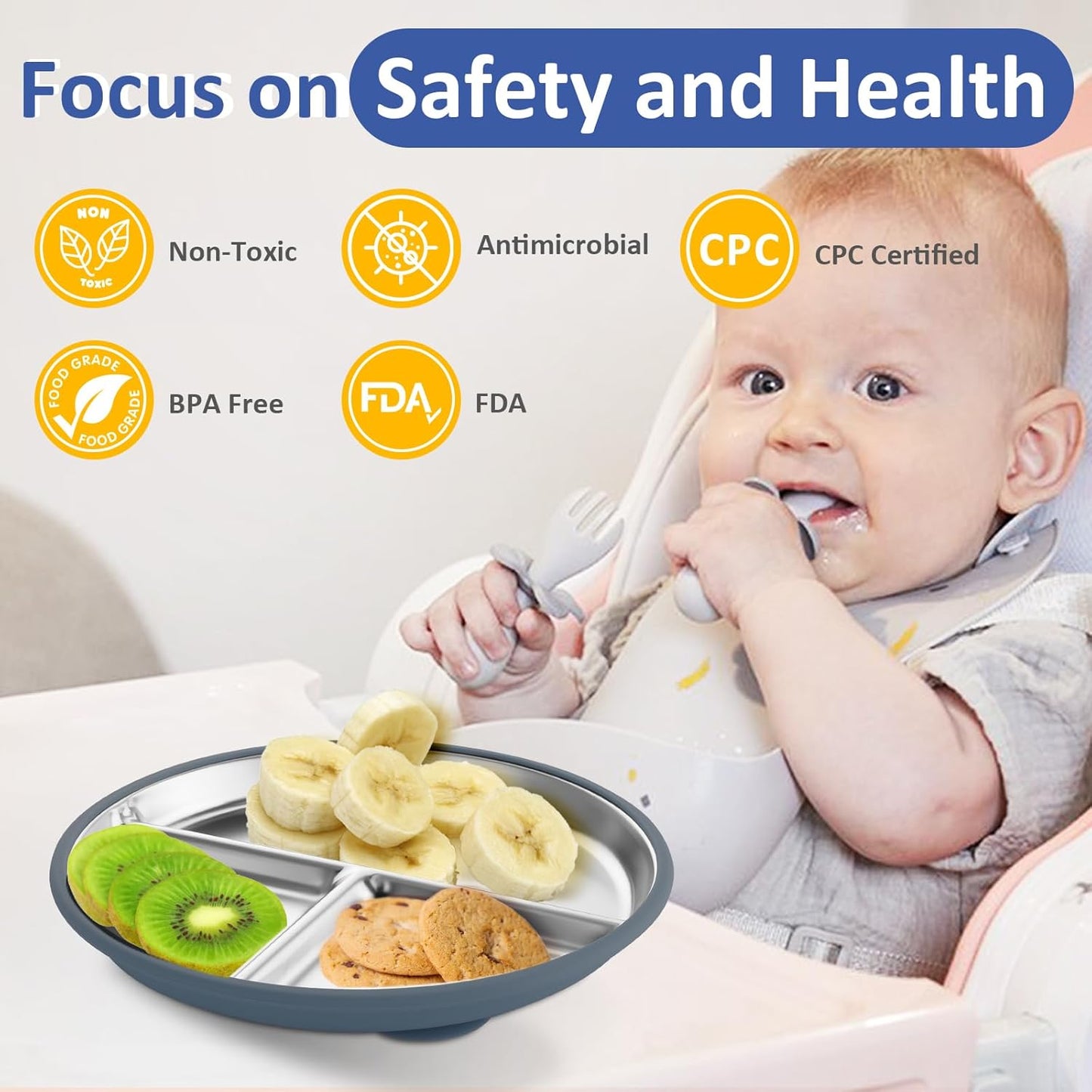 Stainless Steel Suction Plates for Toddlers, 9" Divided Kids Baby Plates with Removable Silicone Suction, Non Toxic Non Slip Portion Control Snack Dishes 4 Packs, Blue Gray Navy Sage