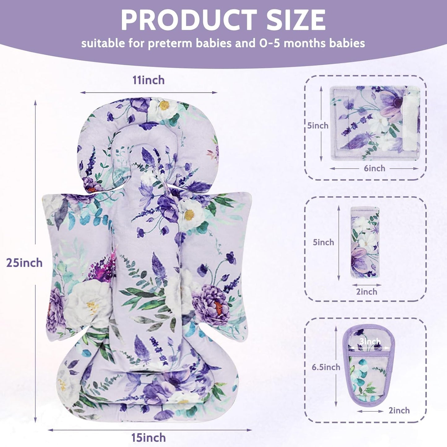 Infant Car Seat Insert and Strap Covers, Very Soft Car Seat Head Support Baby Girl Boy, Reversible Newborn Carseat Insert Cushion Fits for Stroller, Baby Swing, Bouncer (Purple Floral)