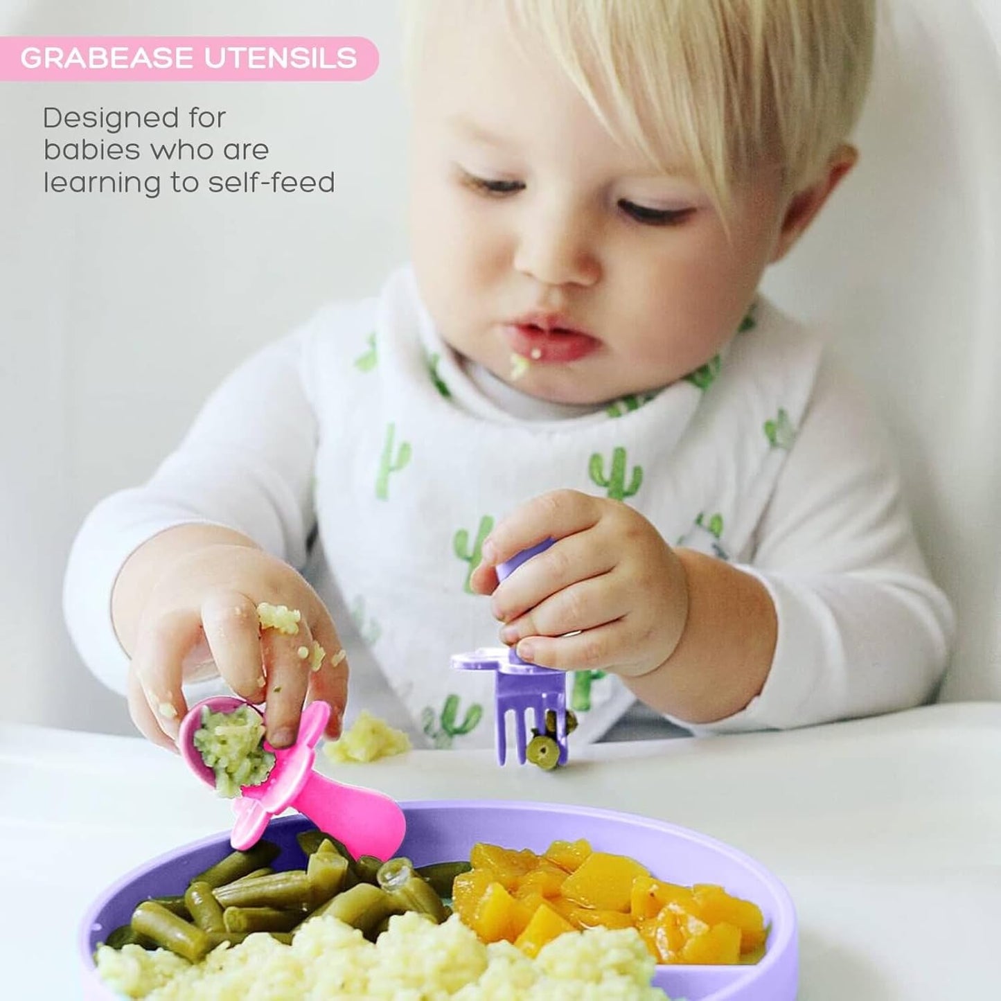 Grabease Baby Spoons Baby Led Weaning Supplies Toddler Forks Feeding, BPA-Free & Phthalate-Free for & Toddler, 2 Sets, Blush and Lavender