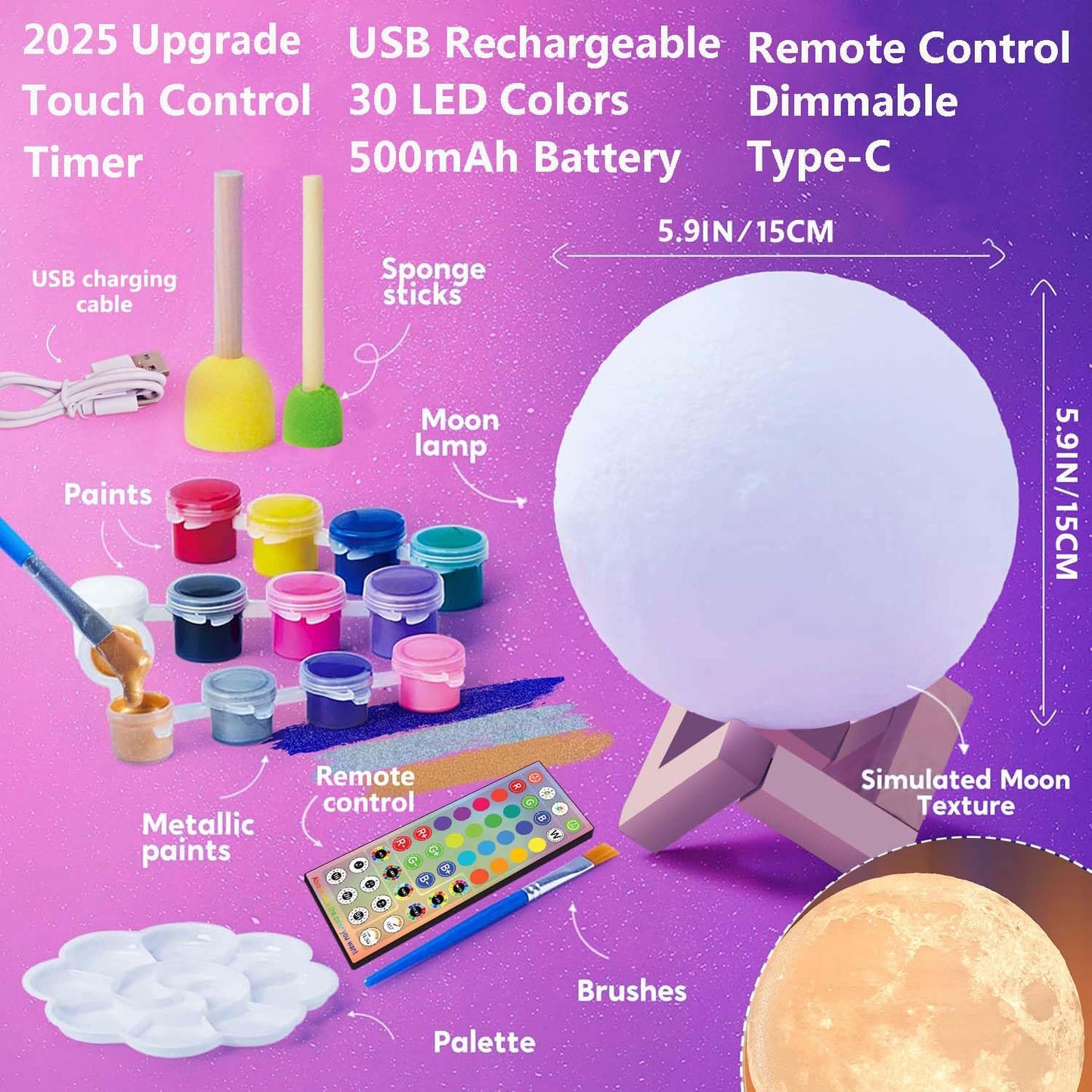 HOLA Paint Your Own Moon Lamp Kit, 2025 Update USB Rechargeable Remote Control, DIY Arts Supplies and Crafts Kit, Ages 6 7 8 9 10 11 12 13 Year Old Girls Boys Kids Birthday Gifts